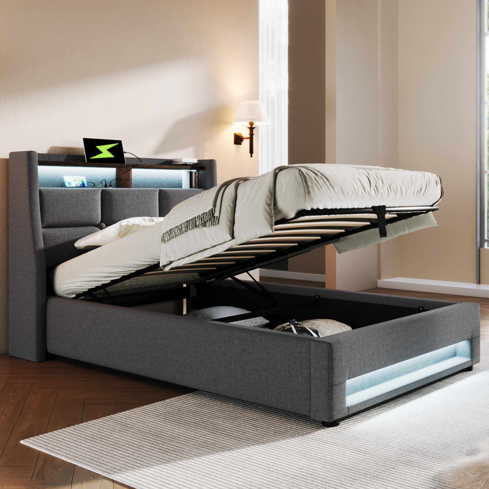 Voir la diapositive 1 : MERAX Lit coffre avec USB et LED Lin gris