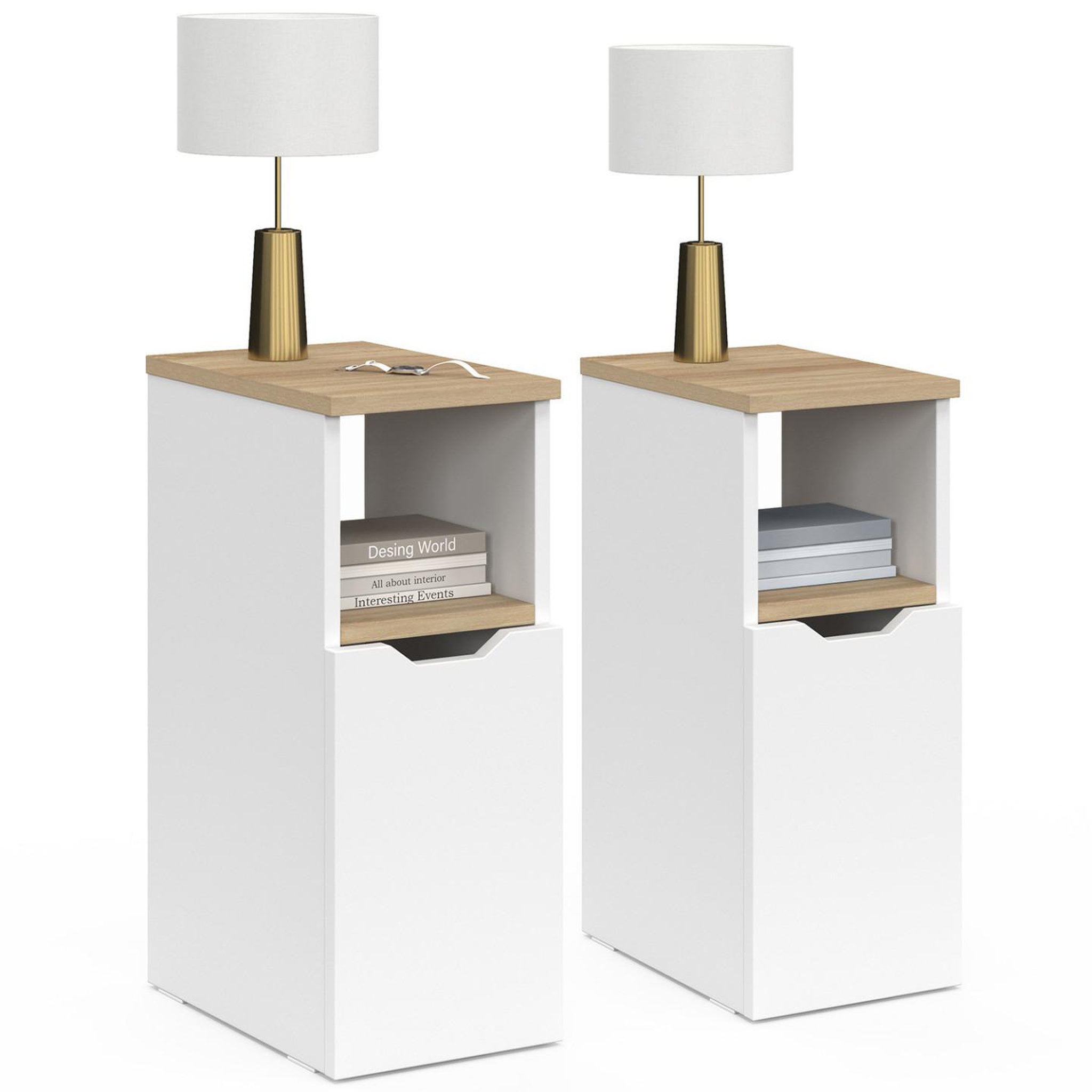ID MARKET Lot de 2 tables de chevet étroites anouk 1 porte avec niche blanc et bois
