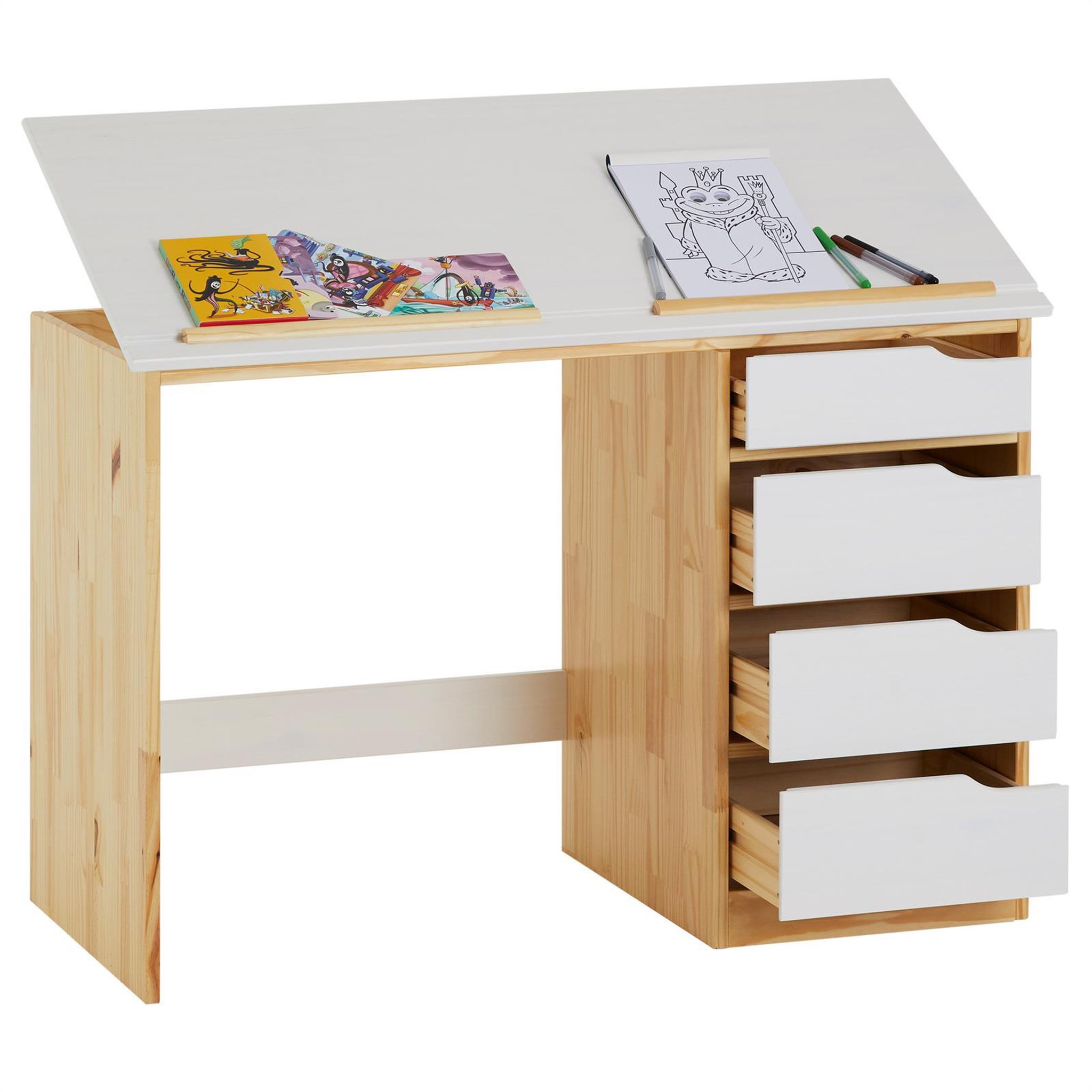 Voir la diapositive 3 : IDIMEX Bureau enfant EMMA, en pin massif, 4 tiroirs et plateau inclinable