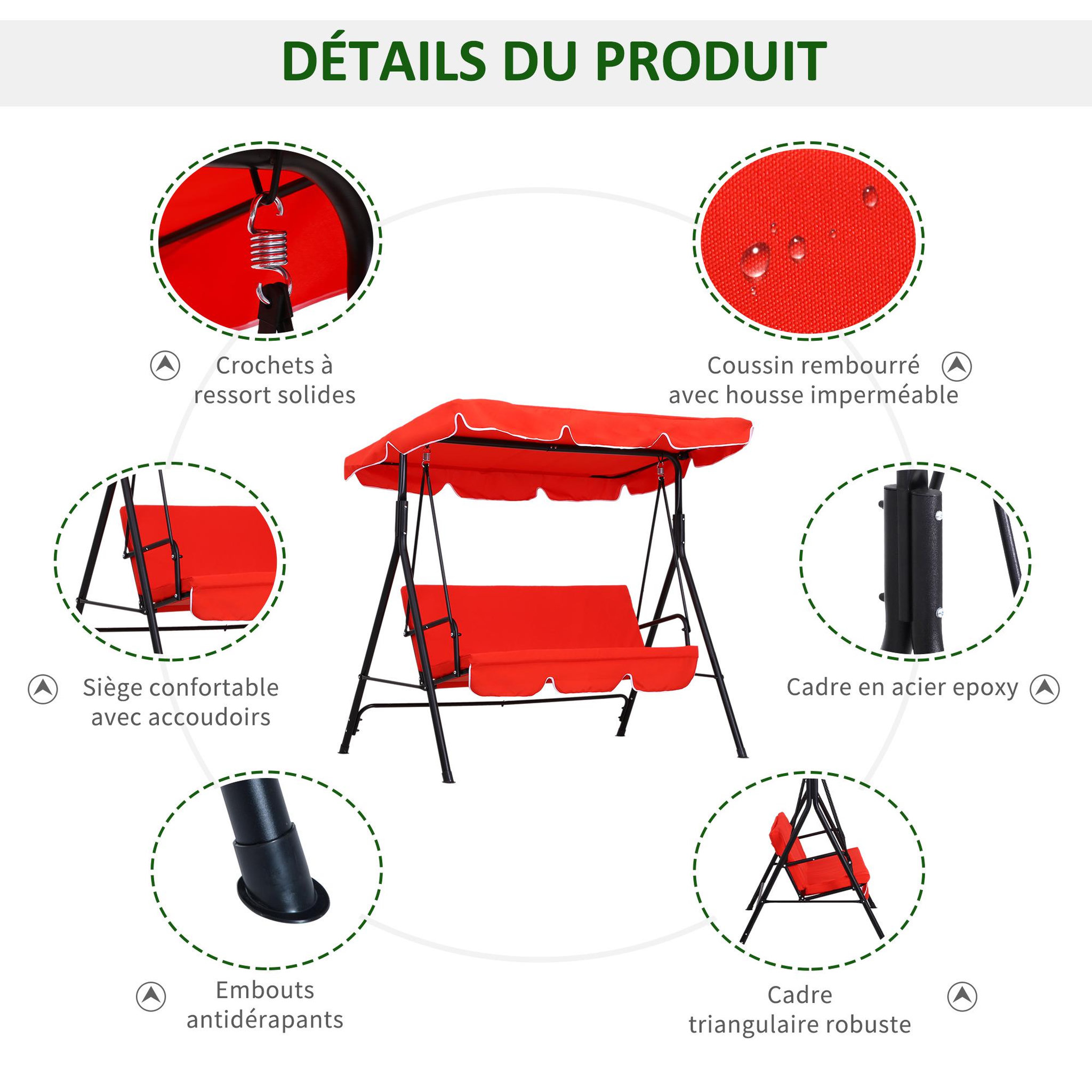 Voir la diapositive 6 : OUTSUNNY Balancelle de jardin 3 places toit inclinaison réglable coussins assise et dossier 1,72L x 1,1l x 1,52H m acier noir polyester rouge