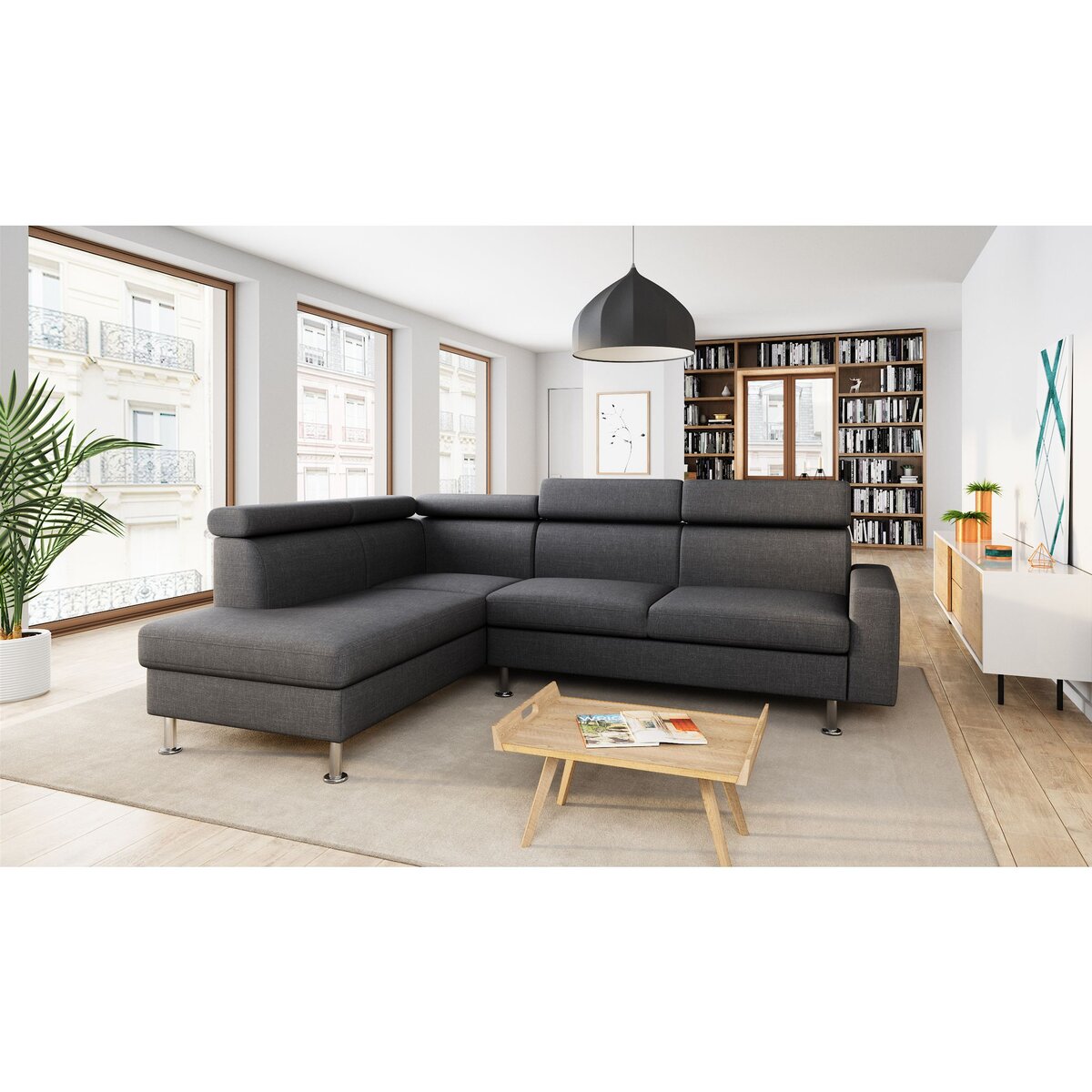 Canapé d'angle 4-5 places fixe avec LED - TOMY - Tissu gris chiné foncé - Angle gauche