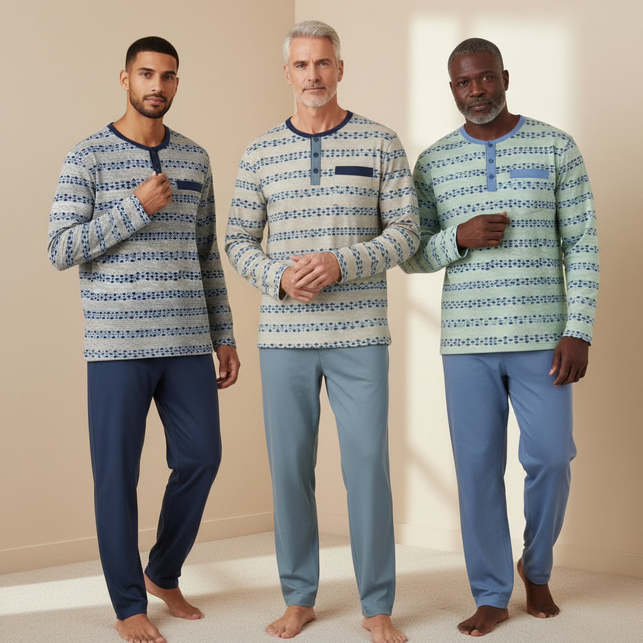 Voir la diapositive 2 : OZABI OZABI Ensemble Pyjama Homme Long Pack de 3, Haut Imprimé Col Boutonné