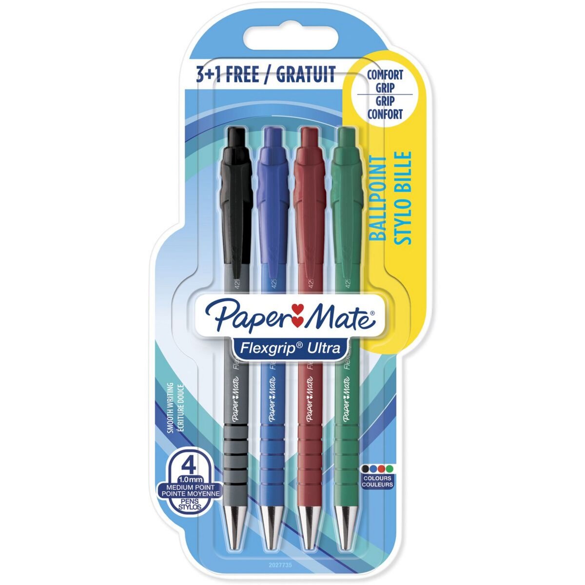 PAPERMATE Lot de 4 stylos bille pointe moyenne rétractable Flexgrip Ultra format spécial
