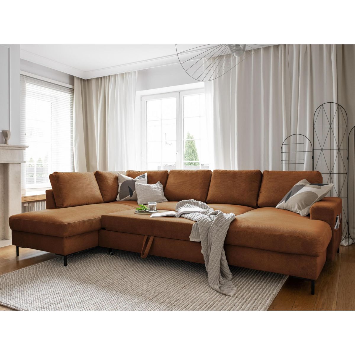 BEST MOBILIER Lilly - canapé panoramique d'angle gauche - 7 places - convertible avec coffre - en velours côtelé