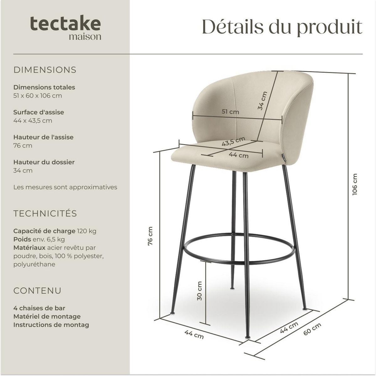 tectake Chaise de bar en velours rembourré crème/noir Ensemble de 4 pièces
