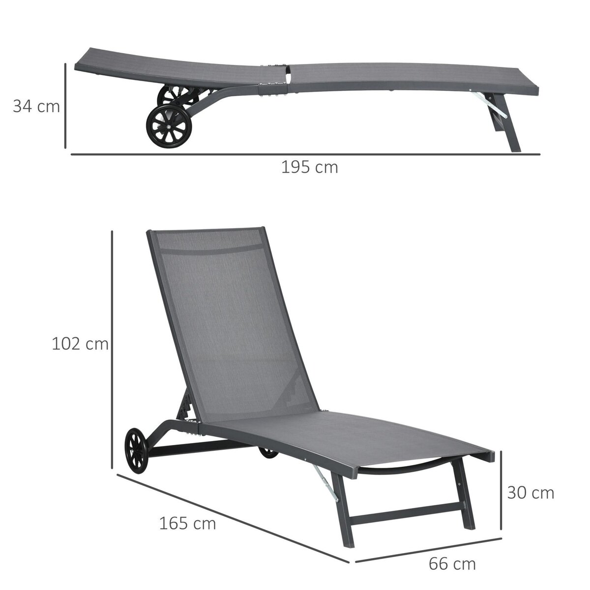 OUTSUNNY Lot de 2 bains de soleil transats inclinables - 2 roulettes - alu. textilène gris