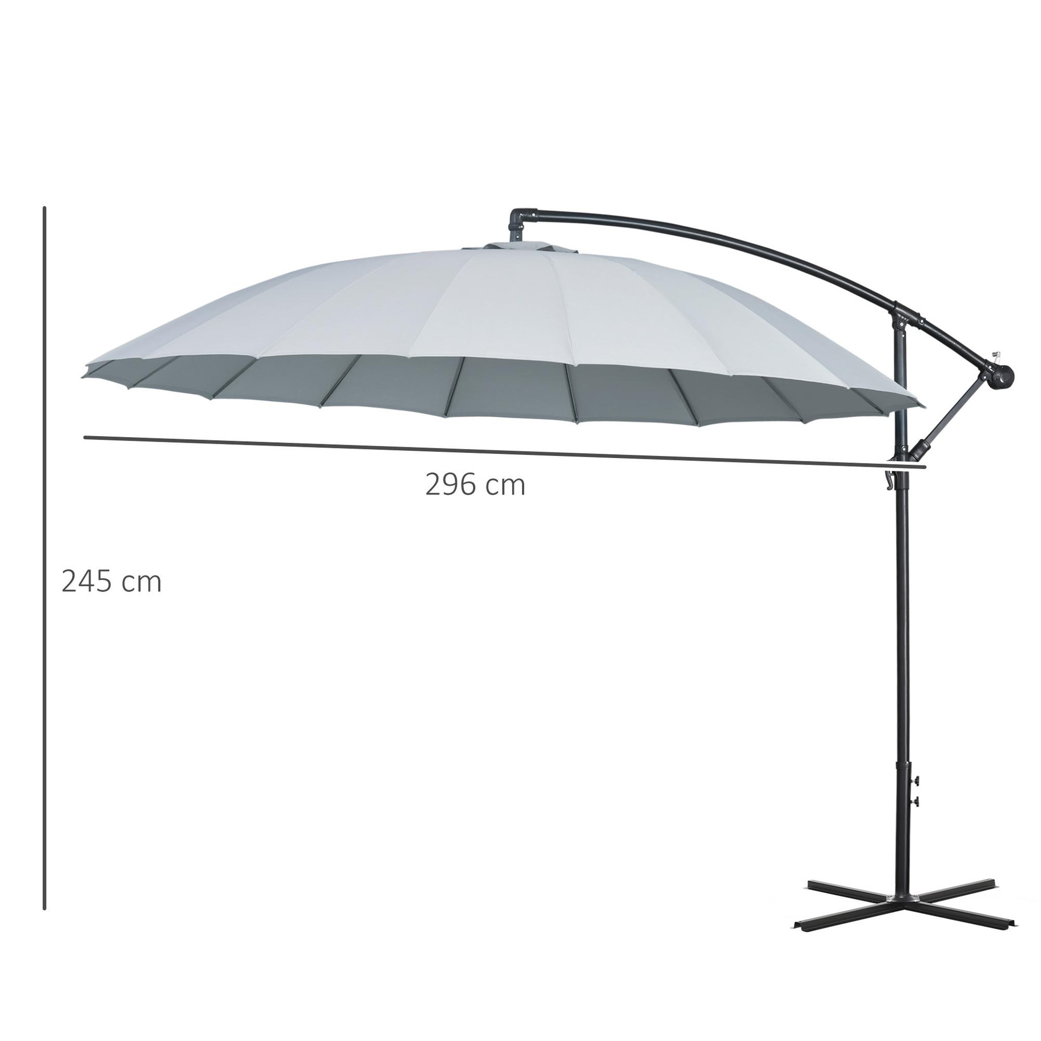 Voir la diapositive 3 : OUTSUNNY Parasol déporté rond inclinable manivelle piètement mât métal. dim. Ø 2,96 x 2,6H m polyester haute densité gris