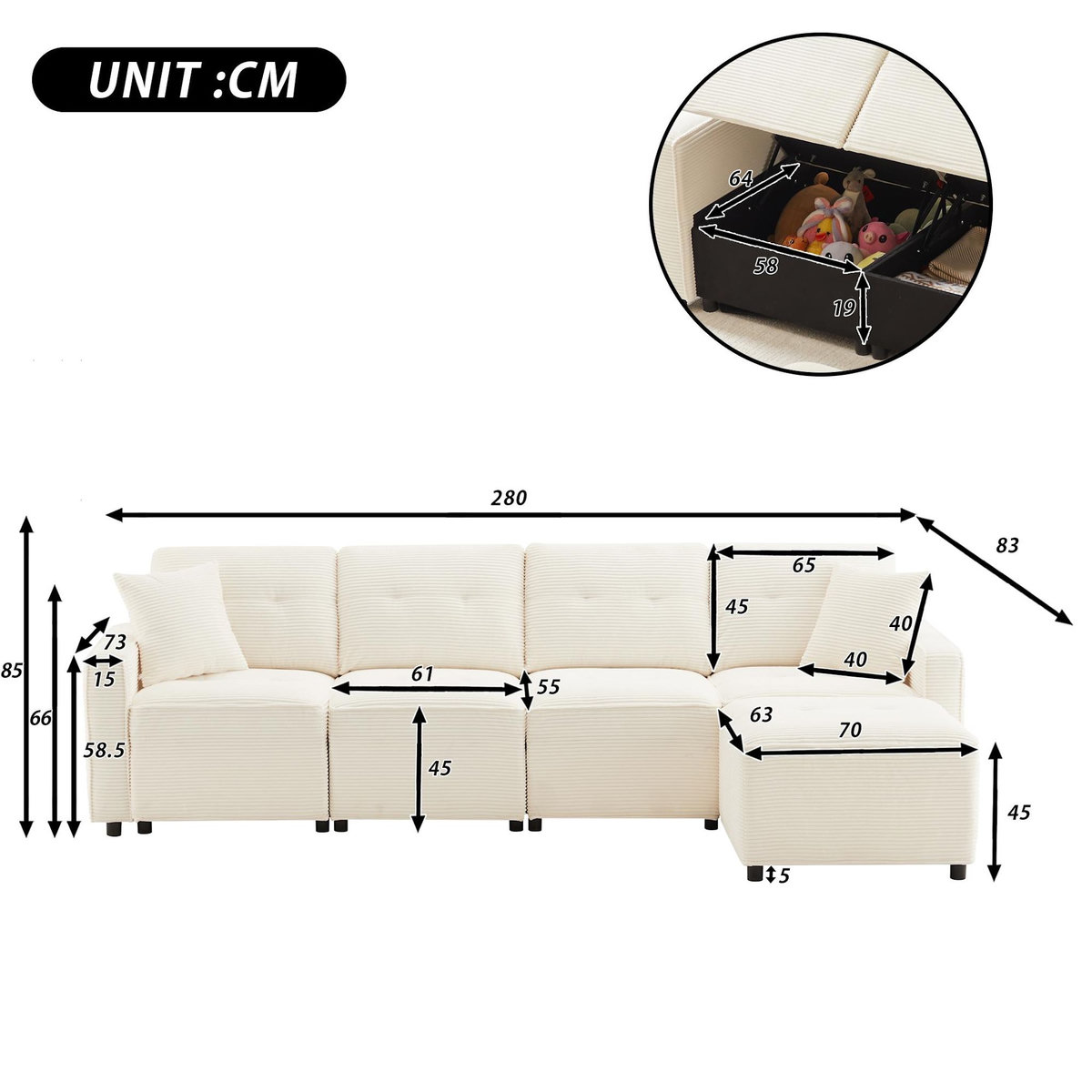 MERAX Canapé d'angle réversible fixe 4 places tissu coffre de rangement