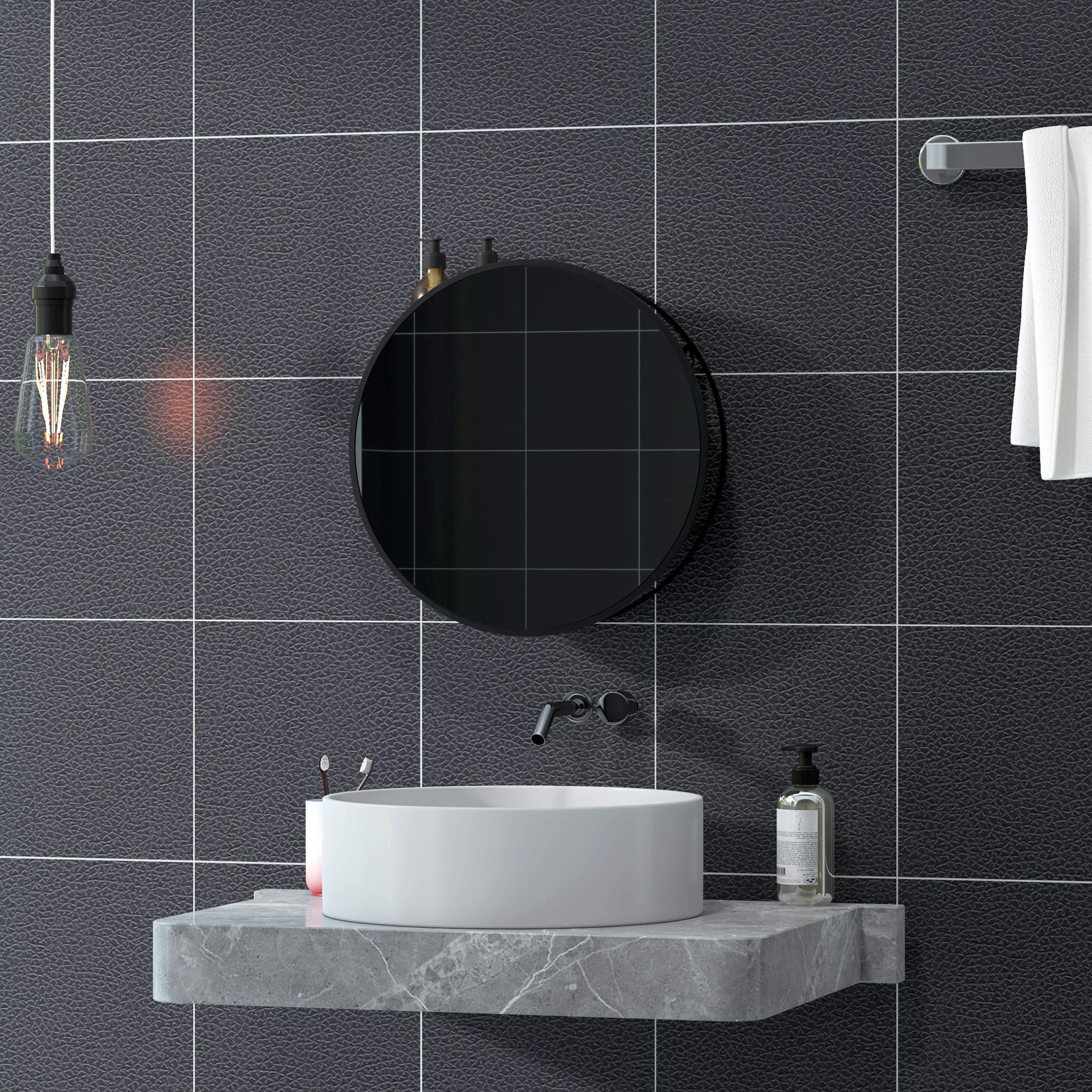 Voir la diapositive 4 : HOMCOM Miroir mural rond dia. 50 cm - 2 étagères - cadre métal noir