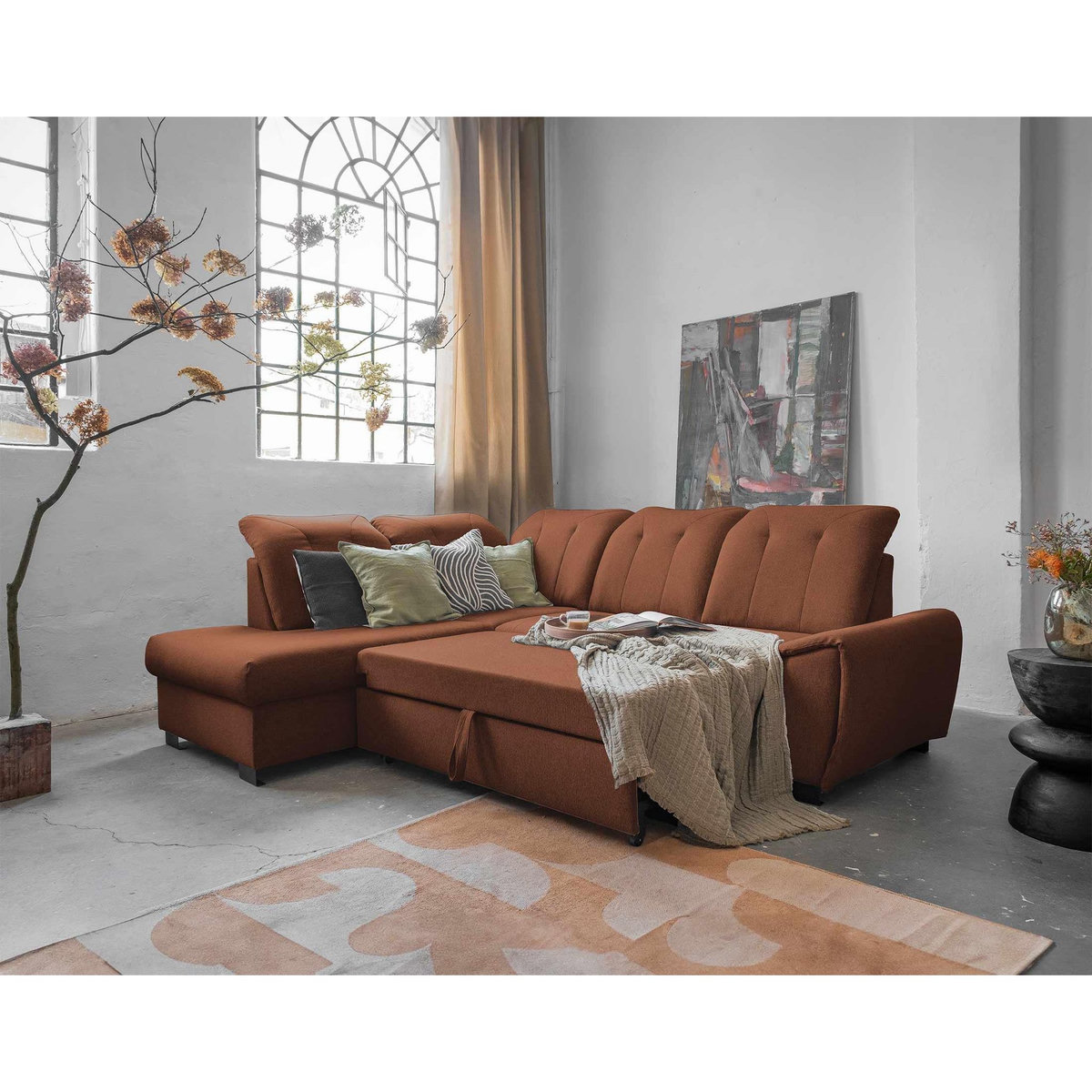 BEST MOBILIER Paul - canapé d'angle gauche - 5 places - convertible avec coffre et têtières - en tissu