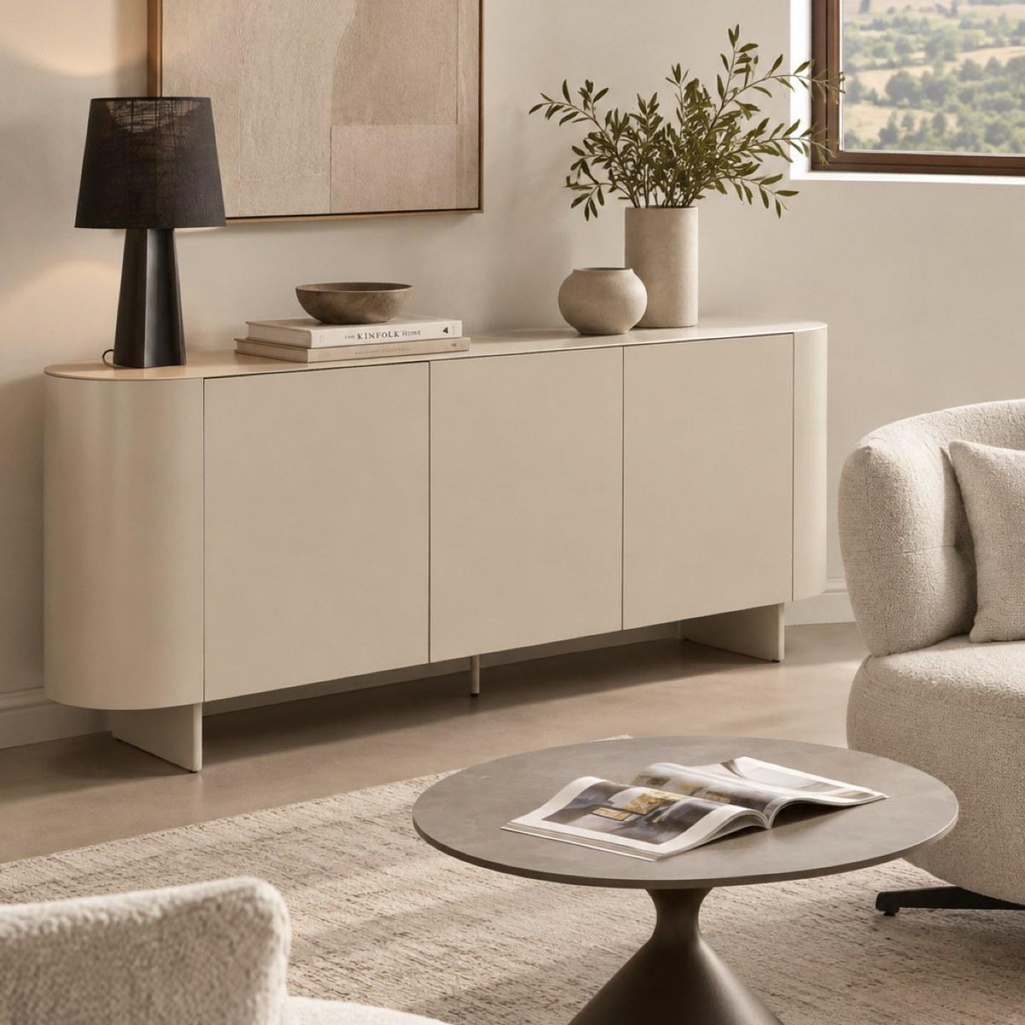 Voir la diapositive 2 : JLC KREATION Buffet 3 portes beige 200 cm plateau céramique sidra
