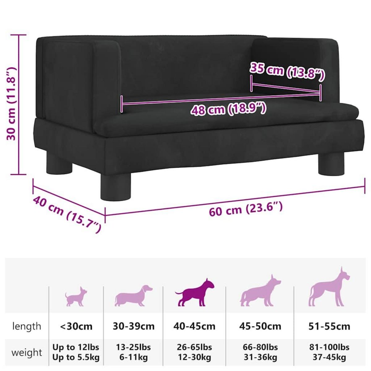 VIDAXL Lit pour chien noir 60x40x30 cm velours