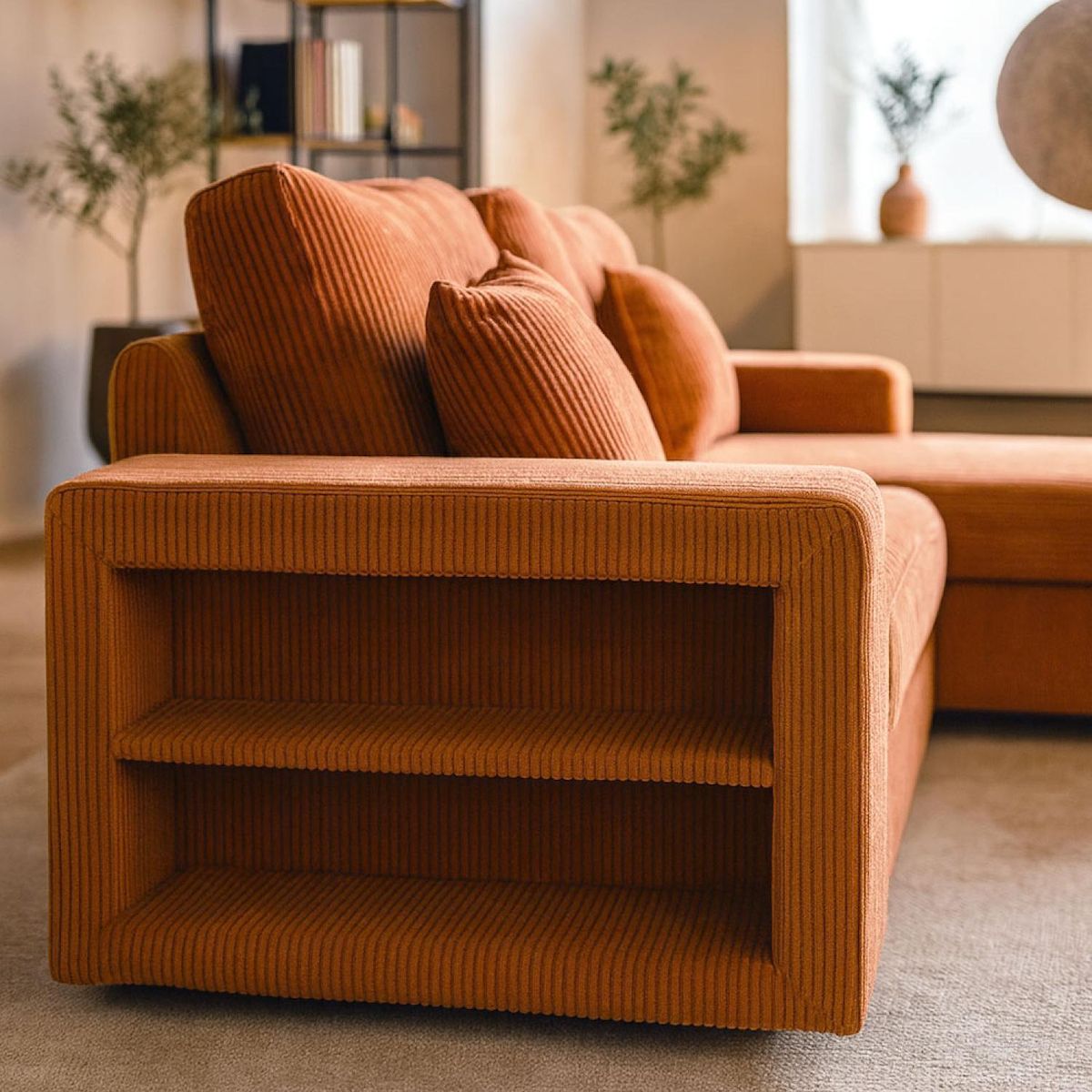 CONCEPT USINE Canapé d'angle convertible 4 places avec coffre en velours côtelé terracotta GLASGOW