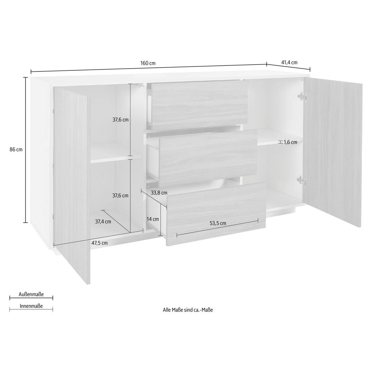 Buffet moderne 2 portes 3 tiroirs 160 cm LUCERA