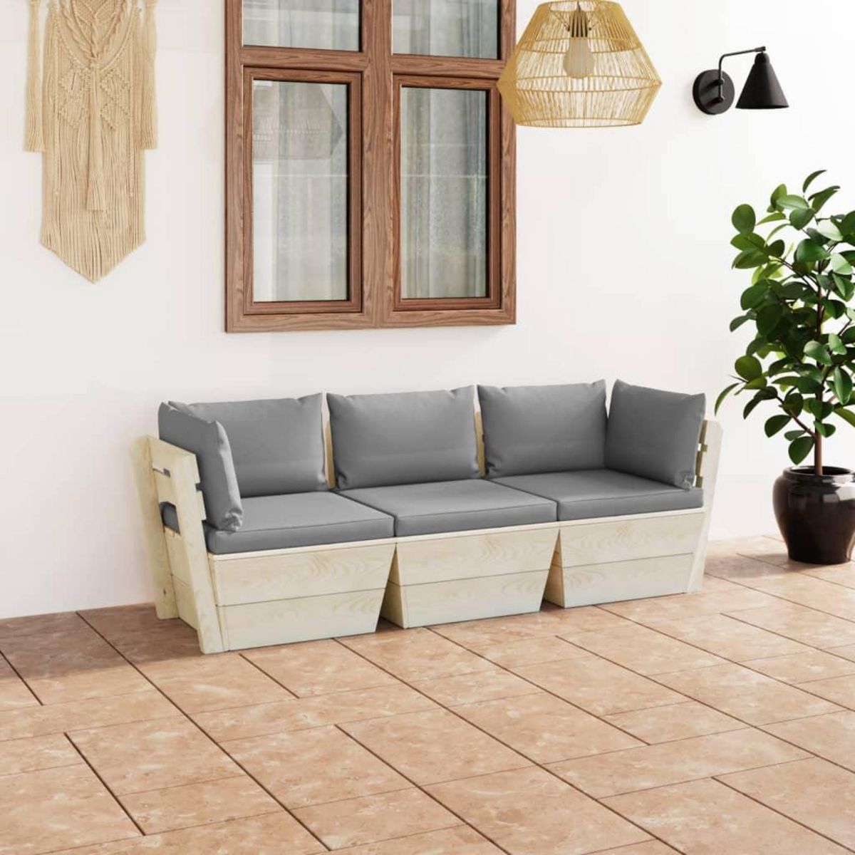 VIDAXL Canape palette a 3 places de jardin avec coussins Bois d'epicea