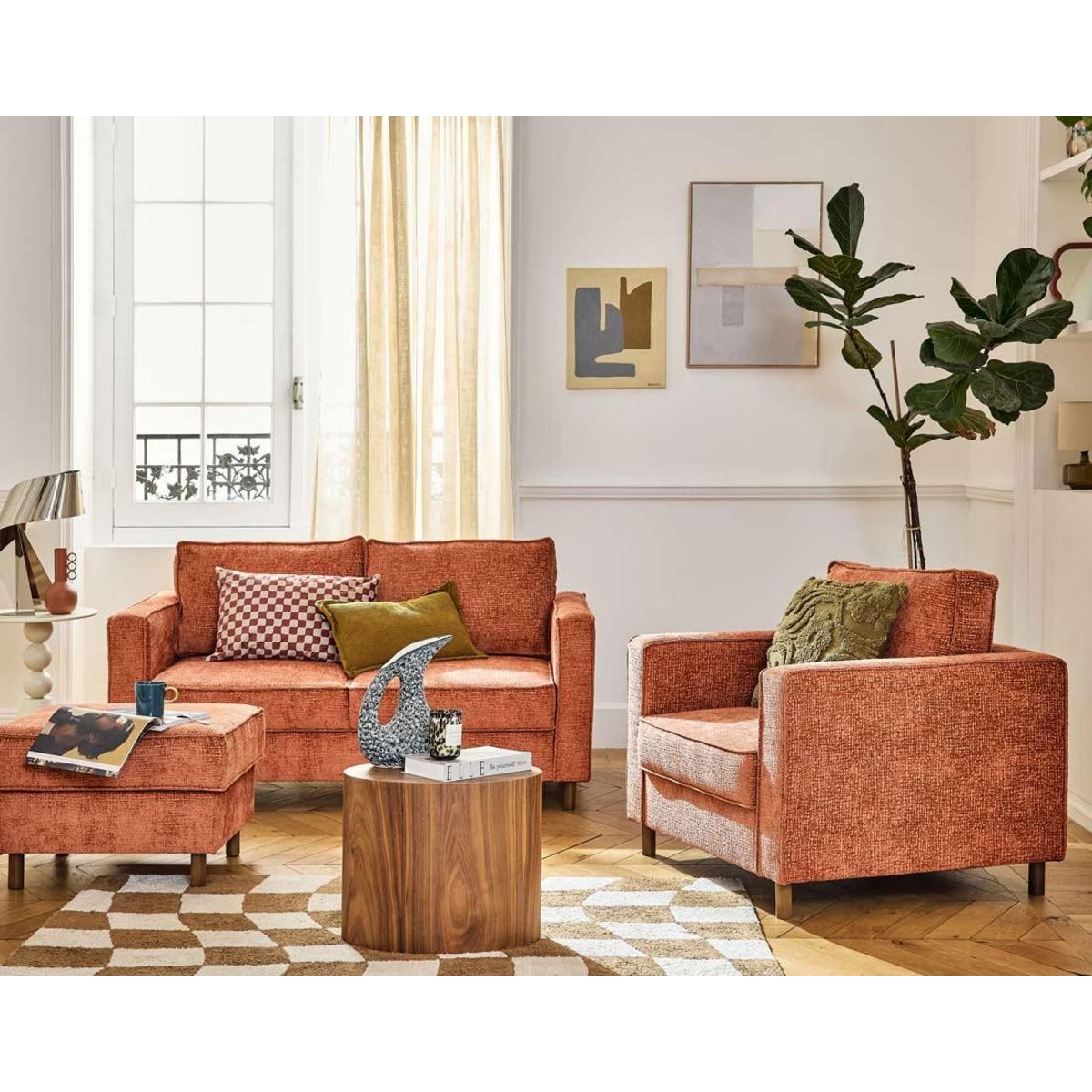 LISA DESIGN Jake - fauteuil en tissu velours relief - pieds en bois foncé