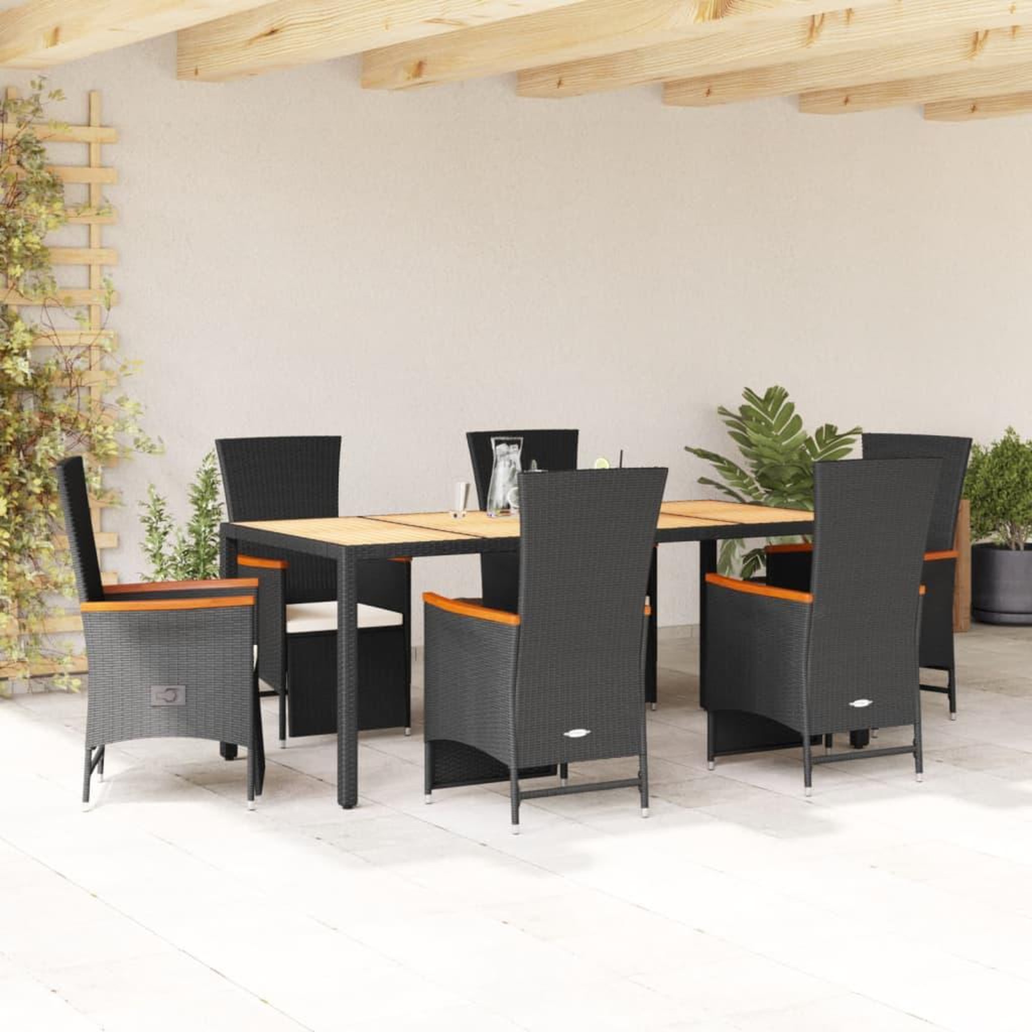 VIDAXL Ensemble a manger de jardin coussins 7pcs Noir Resine tressee