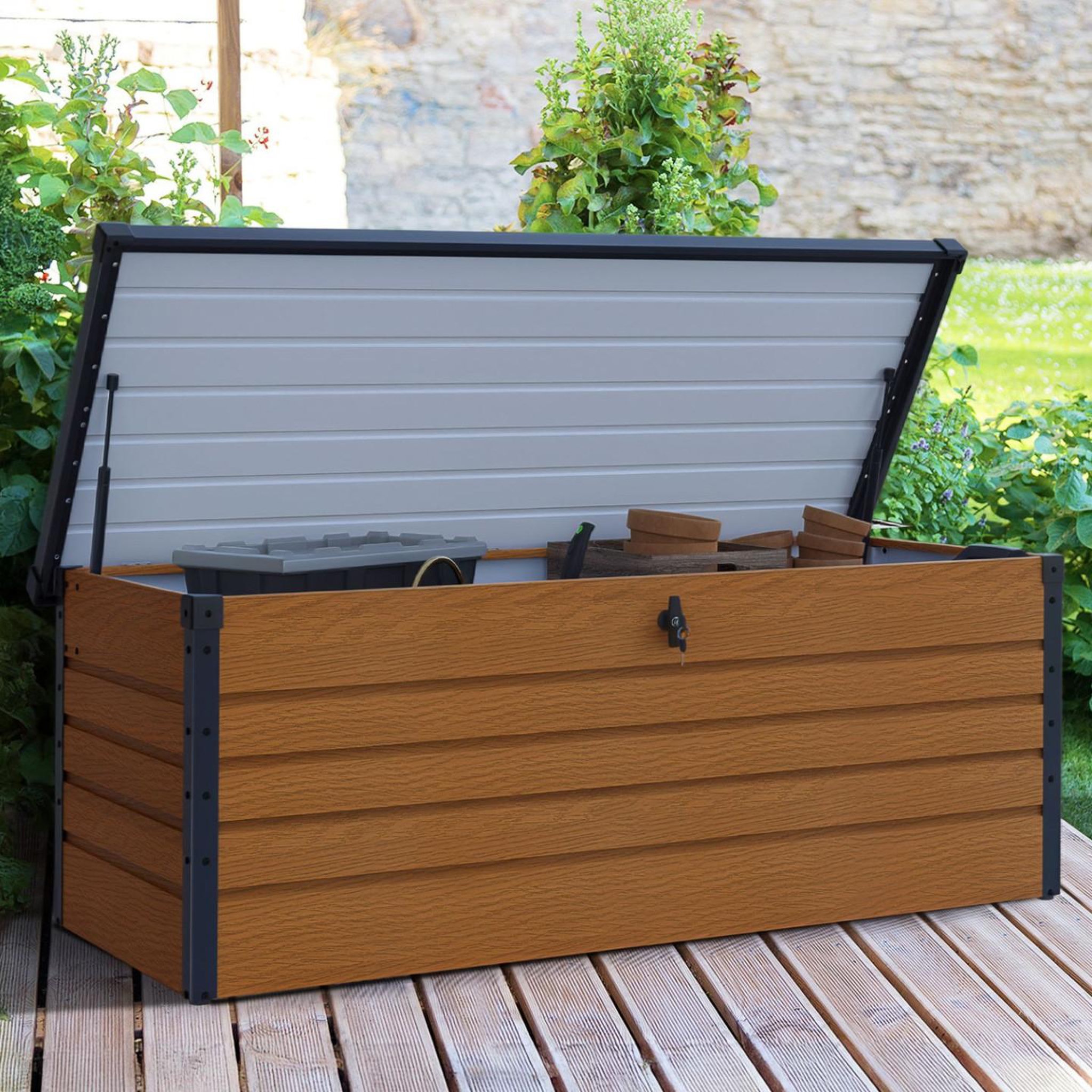 Voir la diapositive 2 : ID MARKET Coffre de rangement métal verrouillable effet bois et gris pour jardin 600l 165x70x63 cm