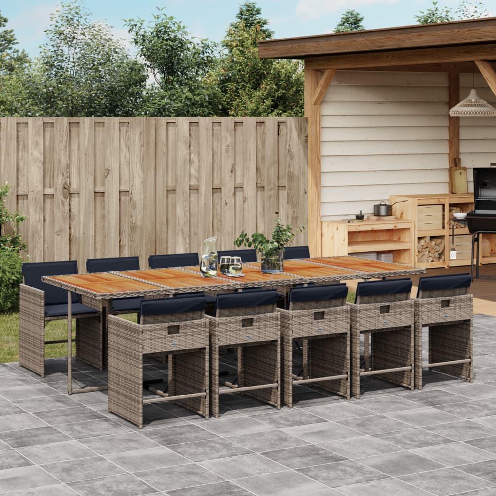 VIDAXL Ensemble a manger de jardin 11pcs avec coussins gris poly rotin