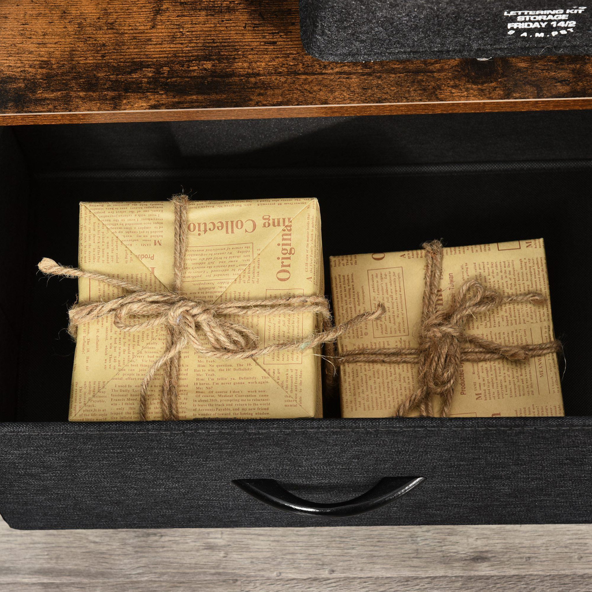 Voir la diapositive 6 : HOMCOM Meuble TV bas sur pieds style industriel 2 tiroirs tissu gris acier MDF noir bois vieilli