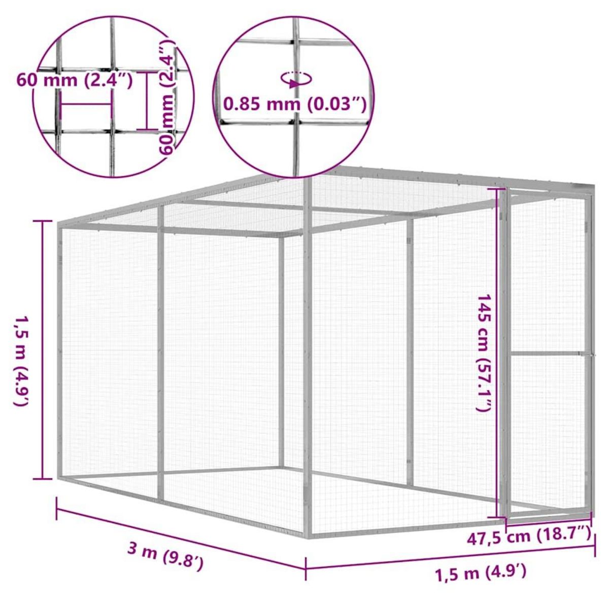 VIDAXL Cage pour chat 3x1,5x1,5 m Acier galvanise