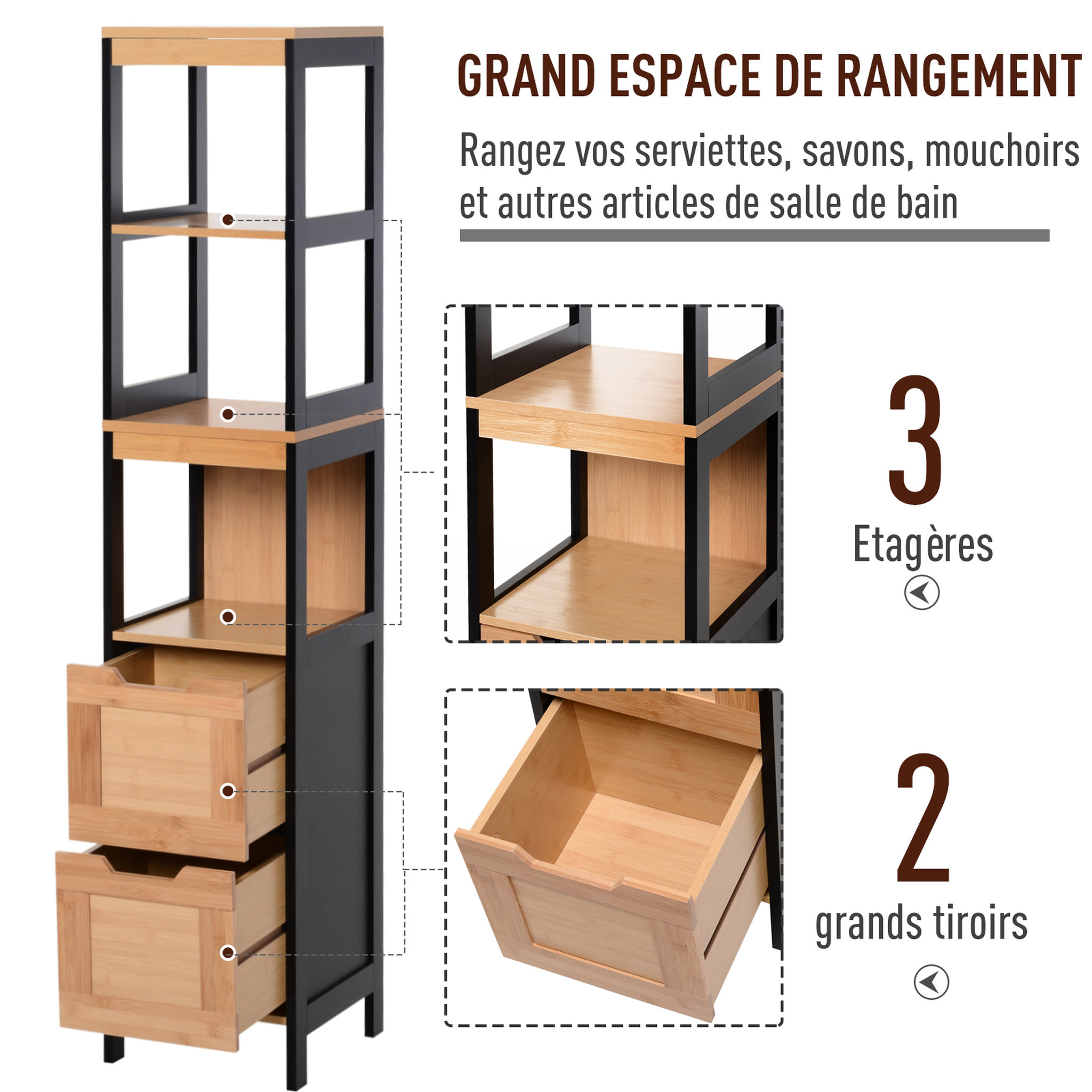 Voir la diapositive 4 : HOMCOM Meuble colonne rangement salle de bain style cosy dim. 30L x 30l x 144H cm 3 étagères 2 tiroirs bambou MDF noir