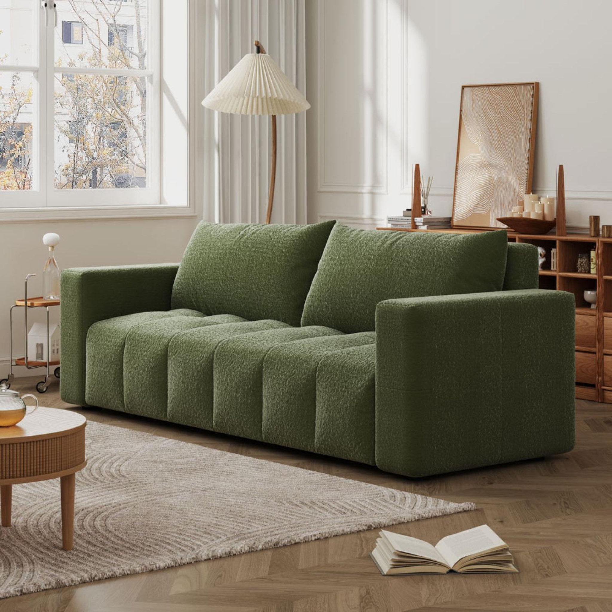 Voir la diapositive 4 : CONCEPT USINE Canapé convertible 3 places avec coffre en bouclette vert canterbury