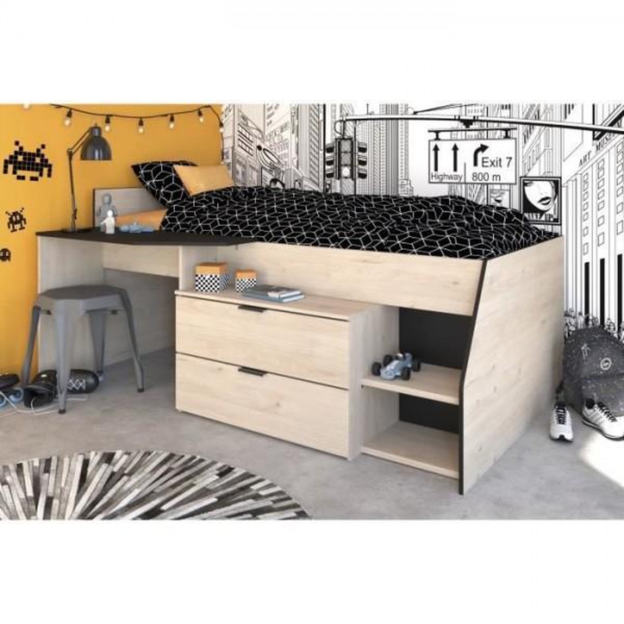 Voir la diapositive 2 : PARISOT Lit Combiné enfant PARISOT Kim - Chene Jackson et Noir - 90x190/200 cm
