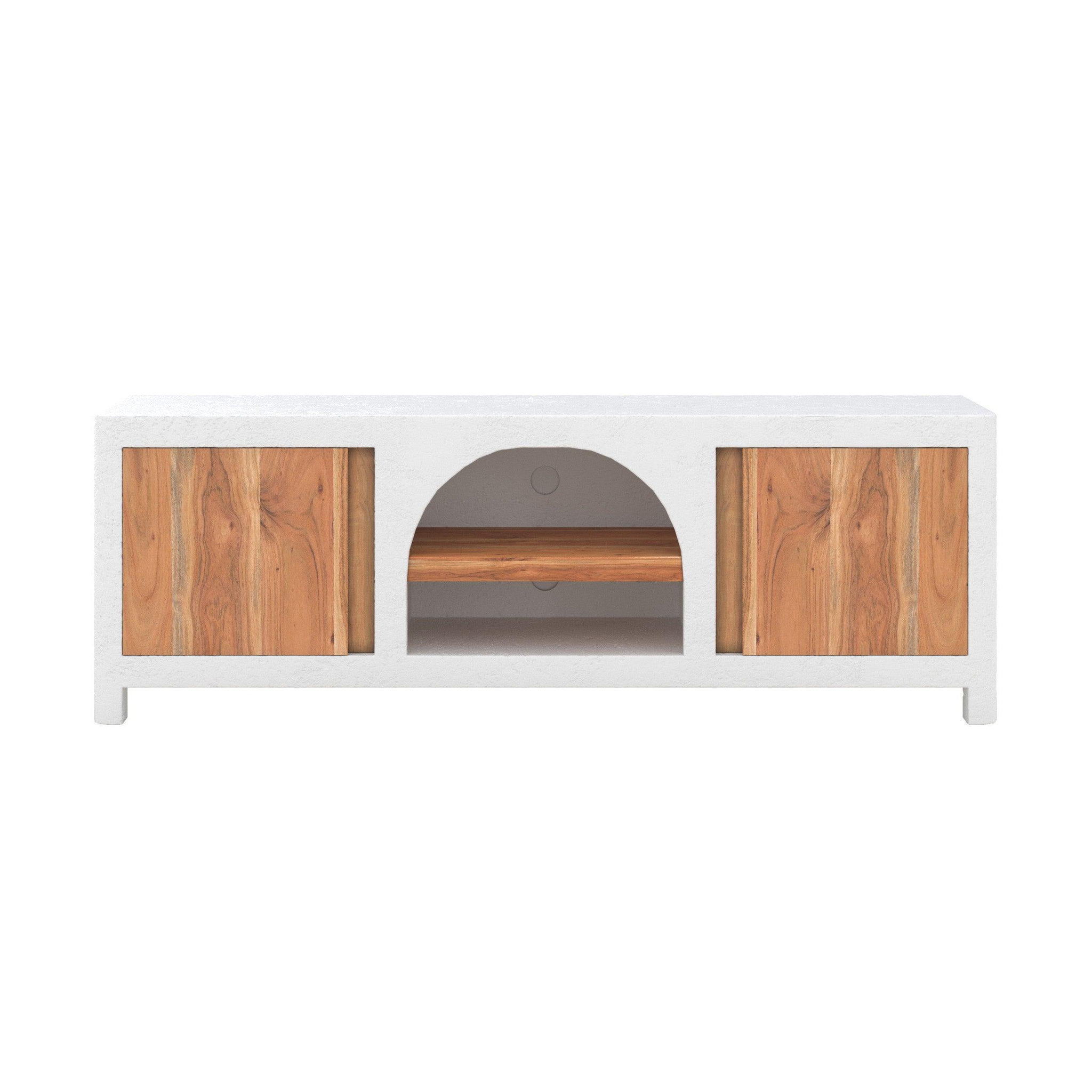 MAISON PAVANE Meuble tv en plâtre blanc cassé et bois d'acacia 145 cm-fira