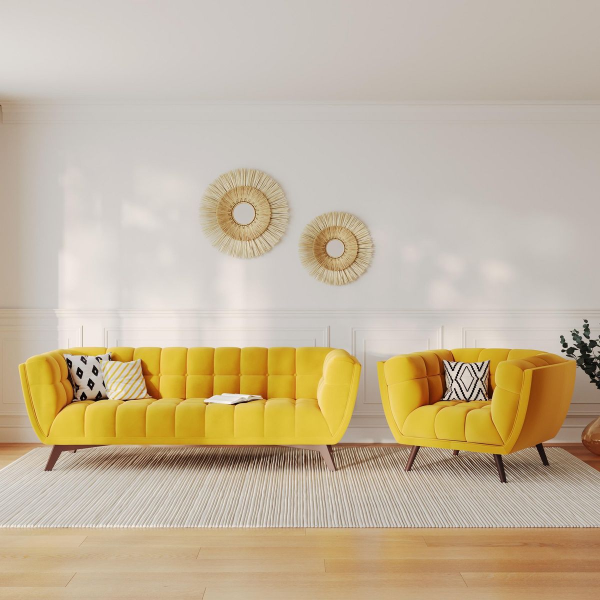 Rendez vous déco Ensemble canapé et fauteuil en velours jaune 4 places - Mona