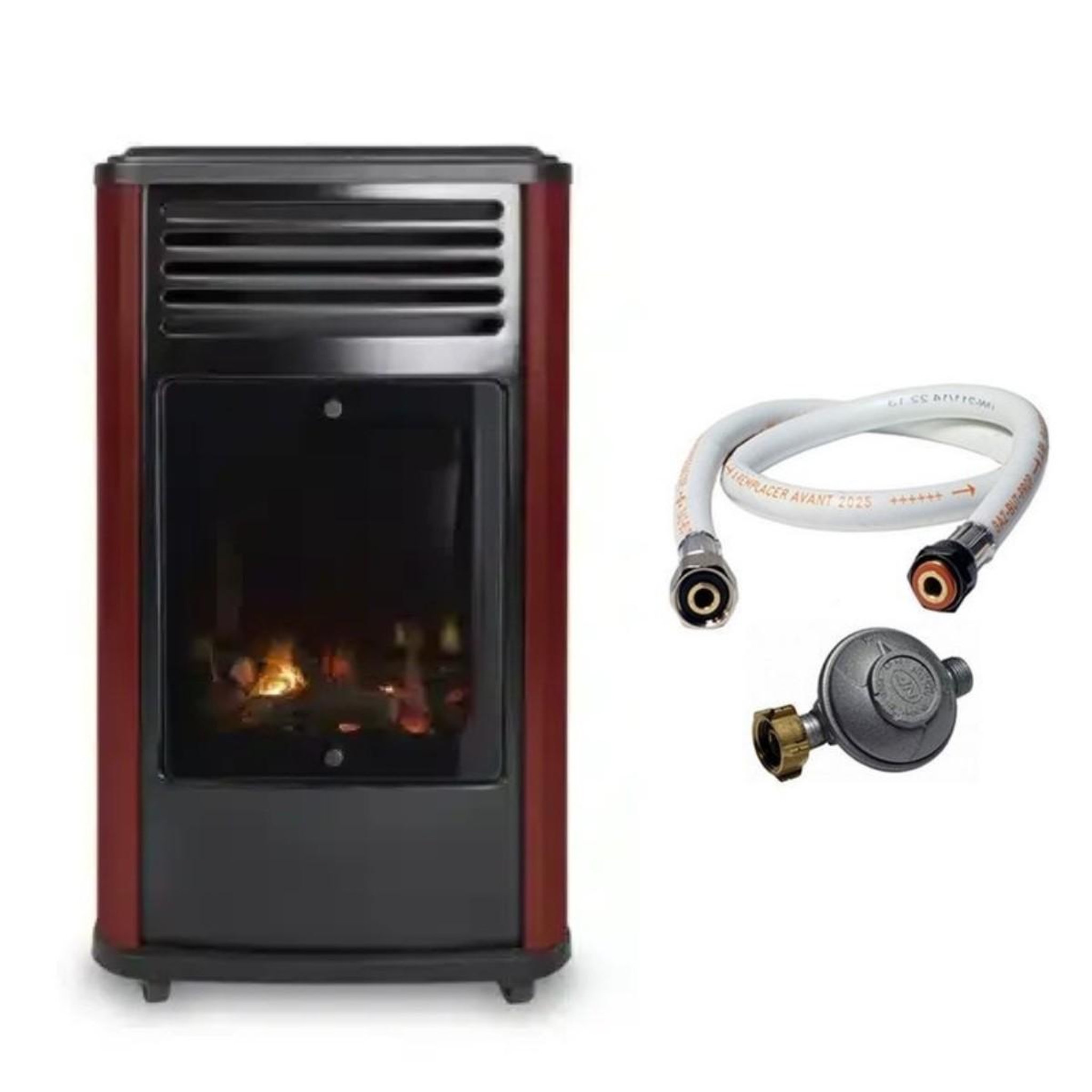 SAHARA Poêle à gaz mobile 3,4kw effet feu de bois - chauffage gaz rouge & noir + tuyau gaz + détendeur butane manhattan sahara