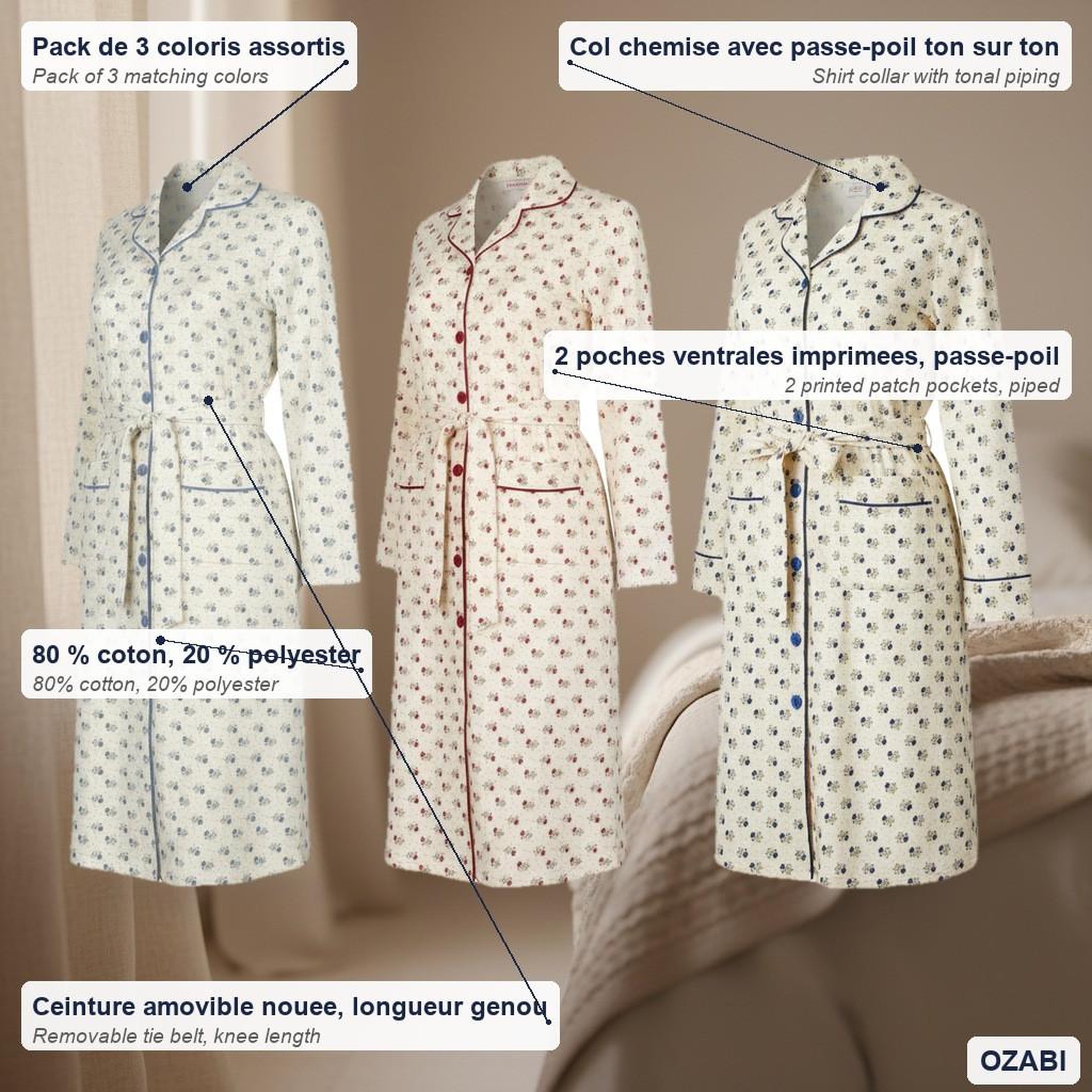 Voir la diapositive 4 : OZABI OZABI Chemise de Nuit Femme Pack de 3, Coton, Col Chemise Boutonné