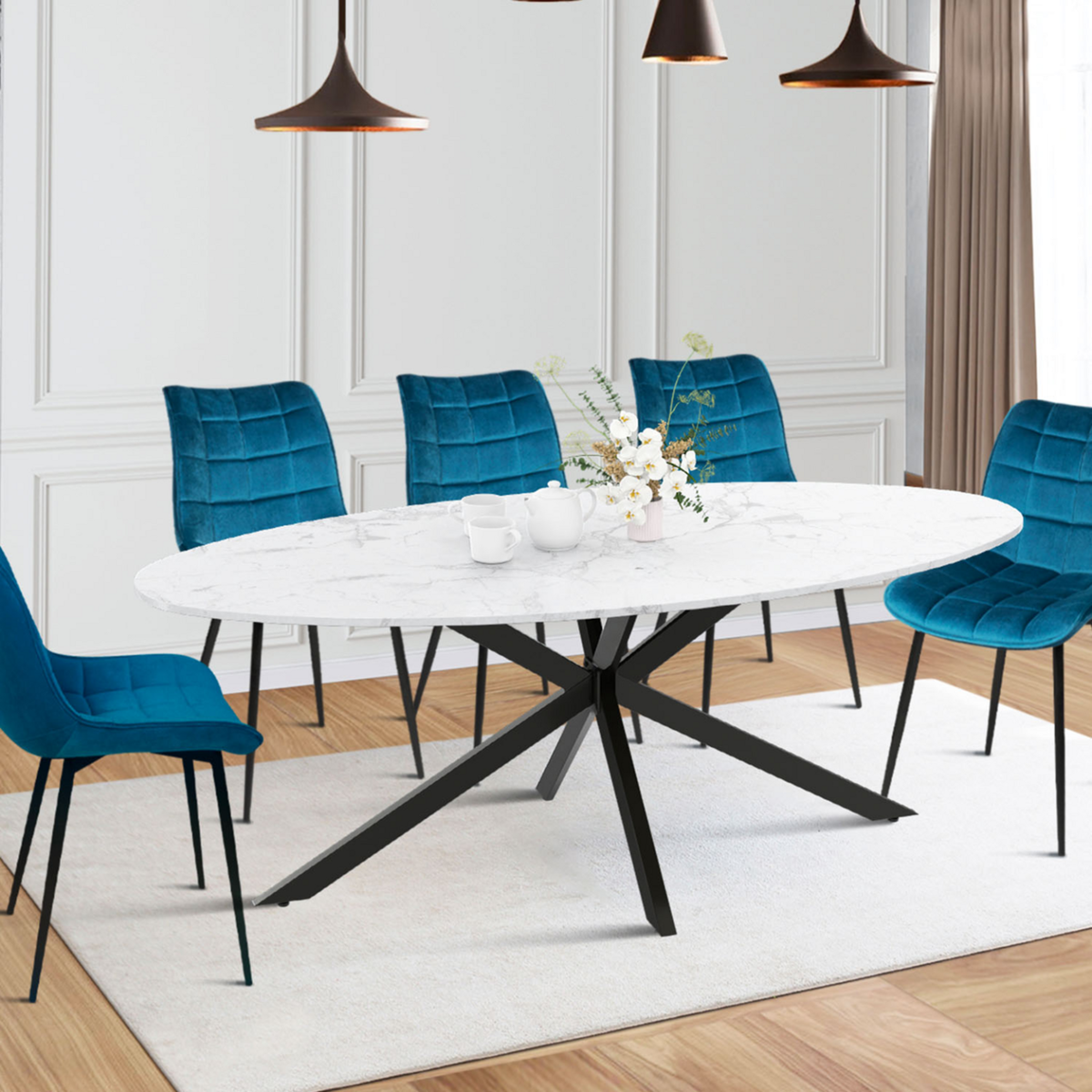 ID MARKET Table à manger ovale ALIX 10 personnes pied araignée noir et plateau effet marbre blanc ALASKA 200 cm