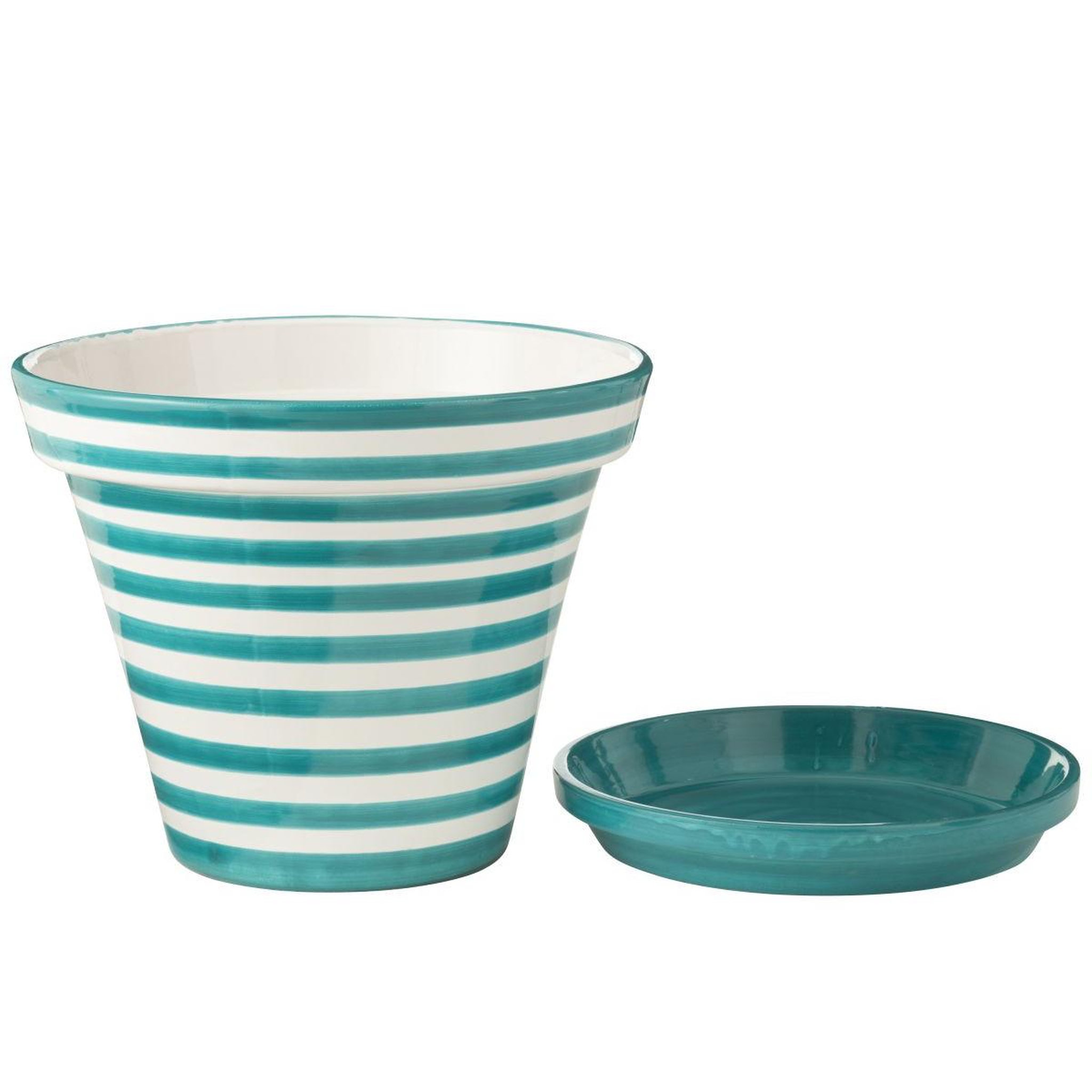 Voir la diapositive 2 : J-LINE Pot avec soucoupe en céramique  granada rayure  50cm bleu aqua