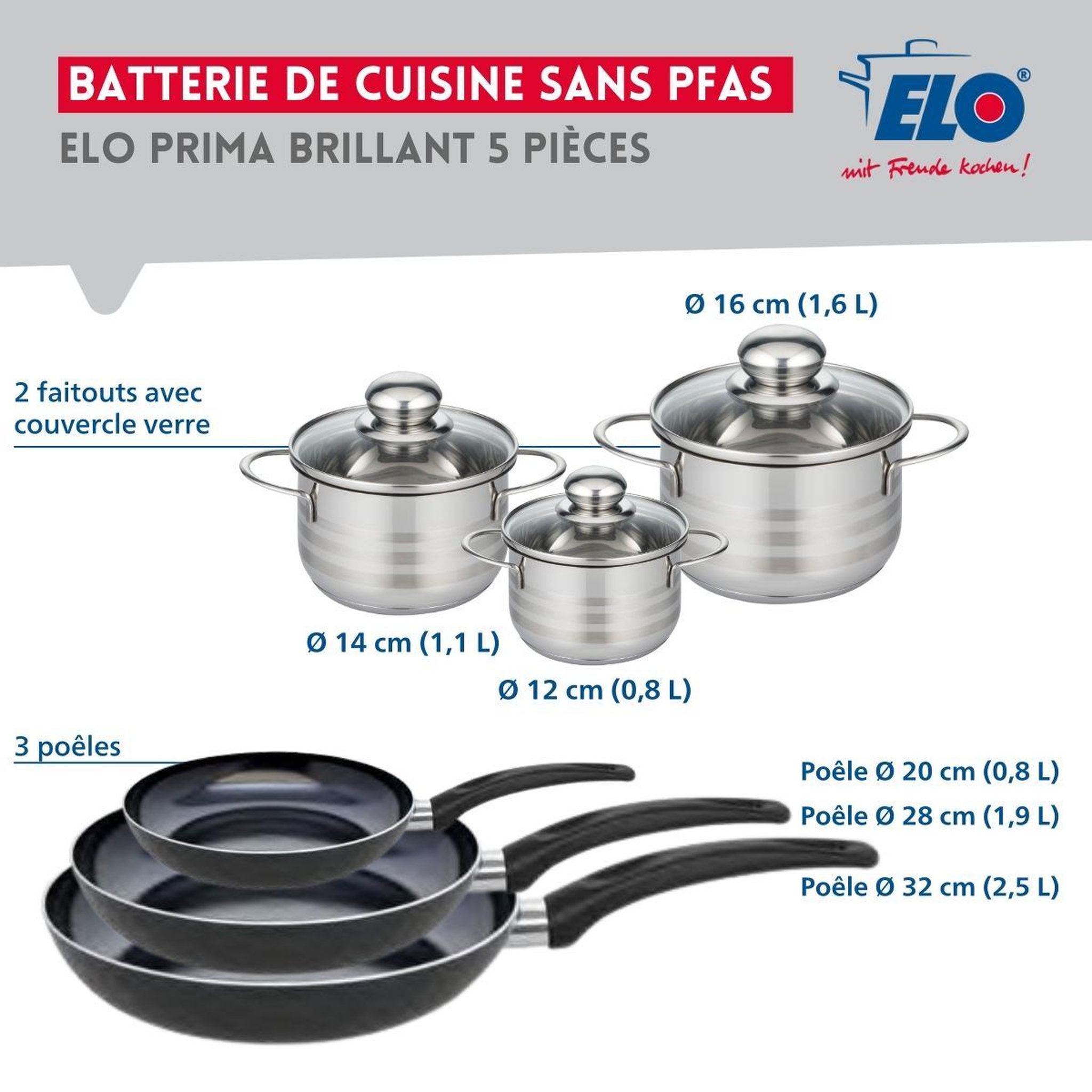 Voir la diapositive 2 : ELO Ensemble de 3 poêles de cuisson 20, 28 et 32 cm et 3 faitouts 12, 14 et 16 cm elo prima brillant