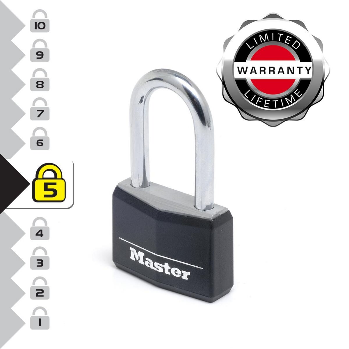 Master lock Cadenas à Clé en Aluminium Massif recouvert de Vinyle avec Anse Moyenne, noir, 4 x 7,6 x 1,3cm