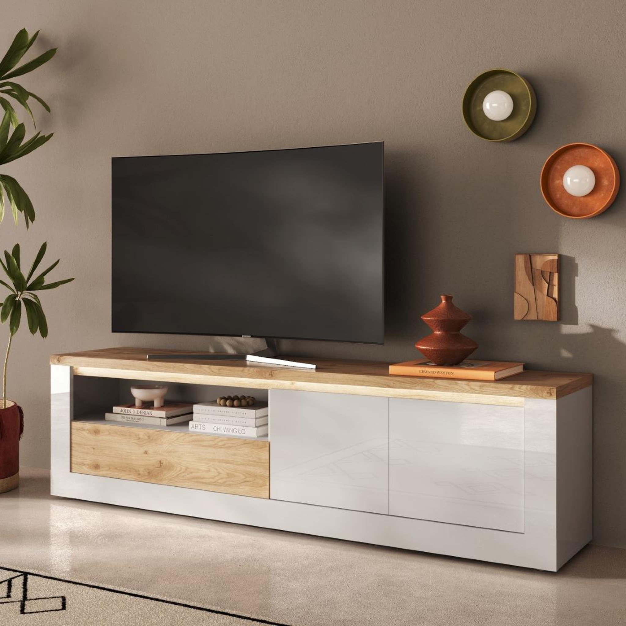 Voir la diapositive 3 : JLC KREATION Meuble tv moderne laqué blanc et bois + led 210cm aria