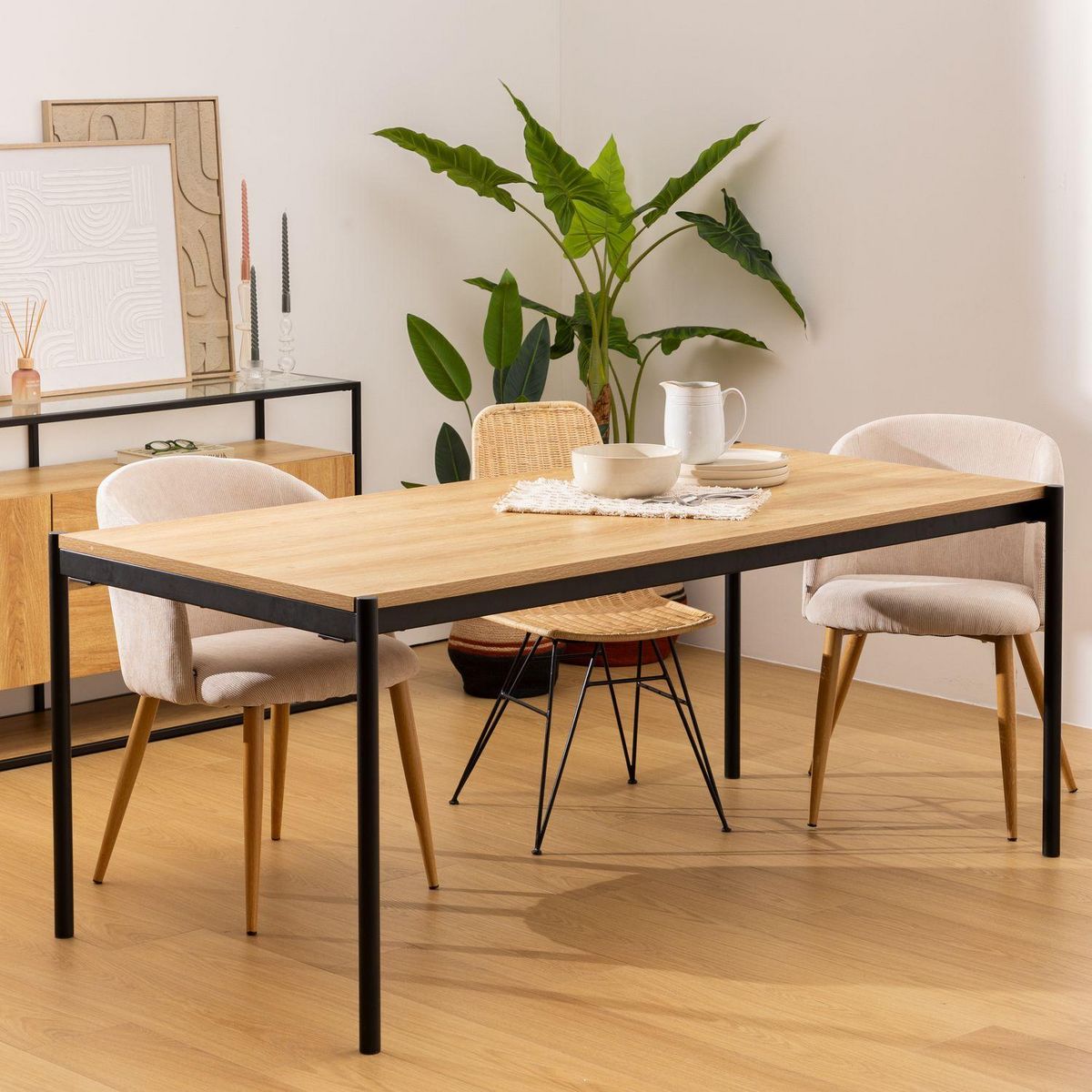ATMOSPHERA Table à manger effet bois et métal pour 6 personnes ALDEA - Beige