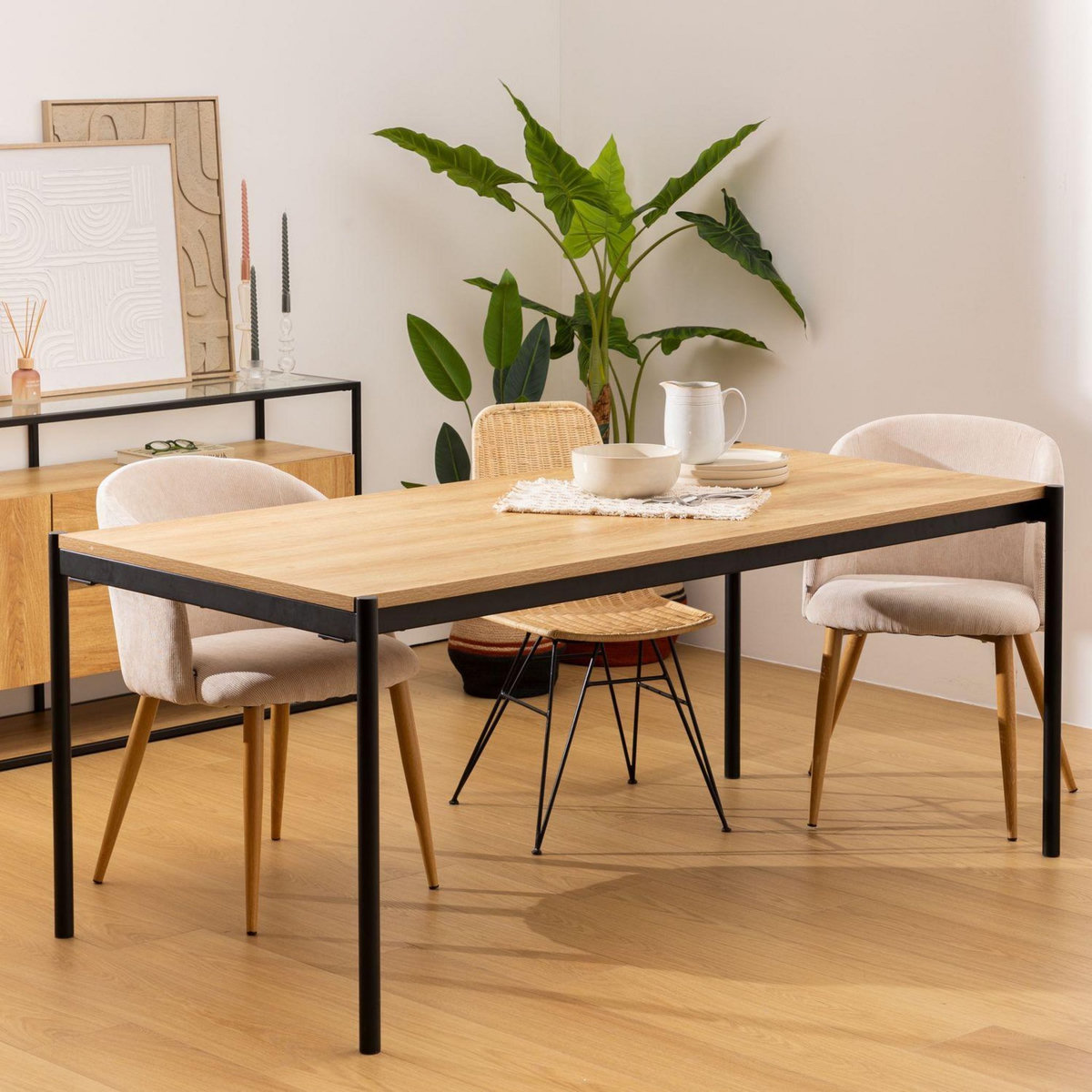 ATMOSPHERA Table à manger effet bois et métal pour 6 personnes ALDEA - Beige