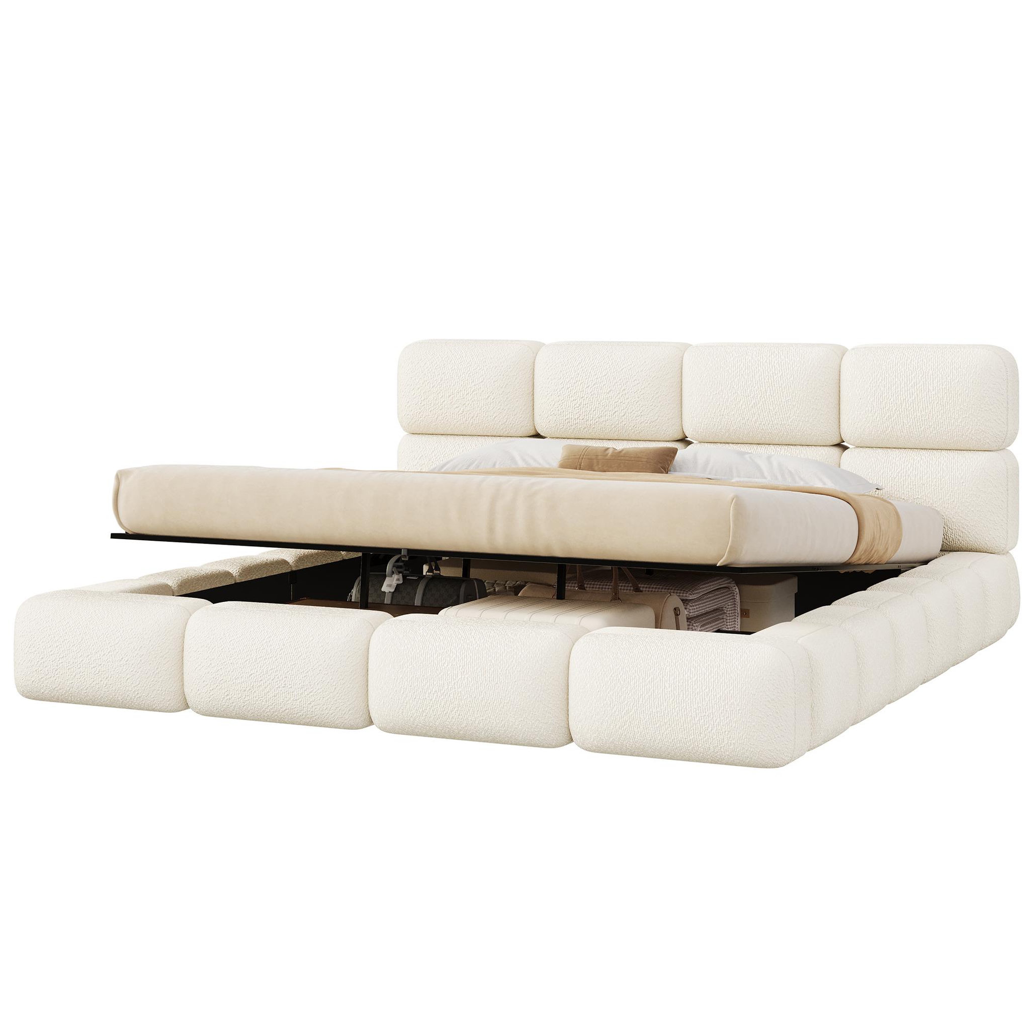 MERAX Lit coffre 200x200 cm double avec sommier tête de lit capitonnée bouclé blanc