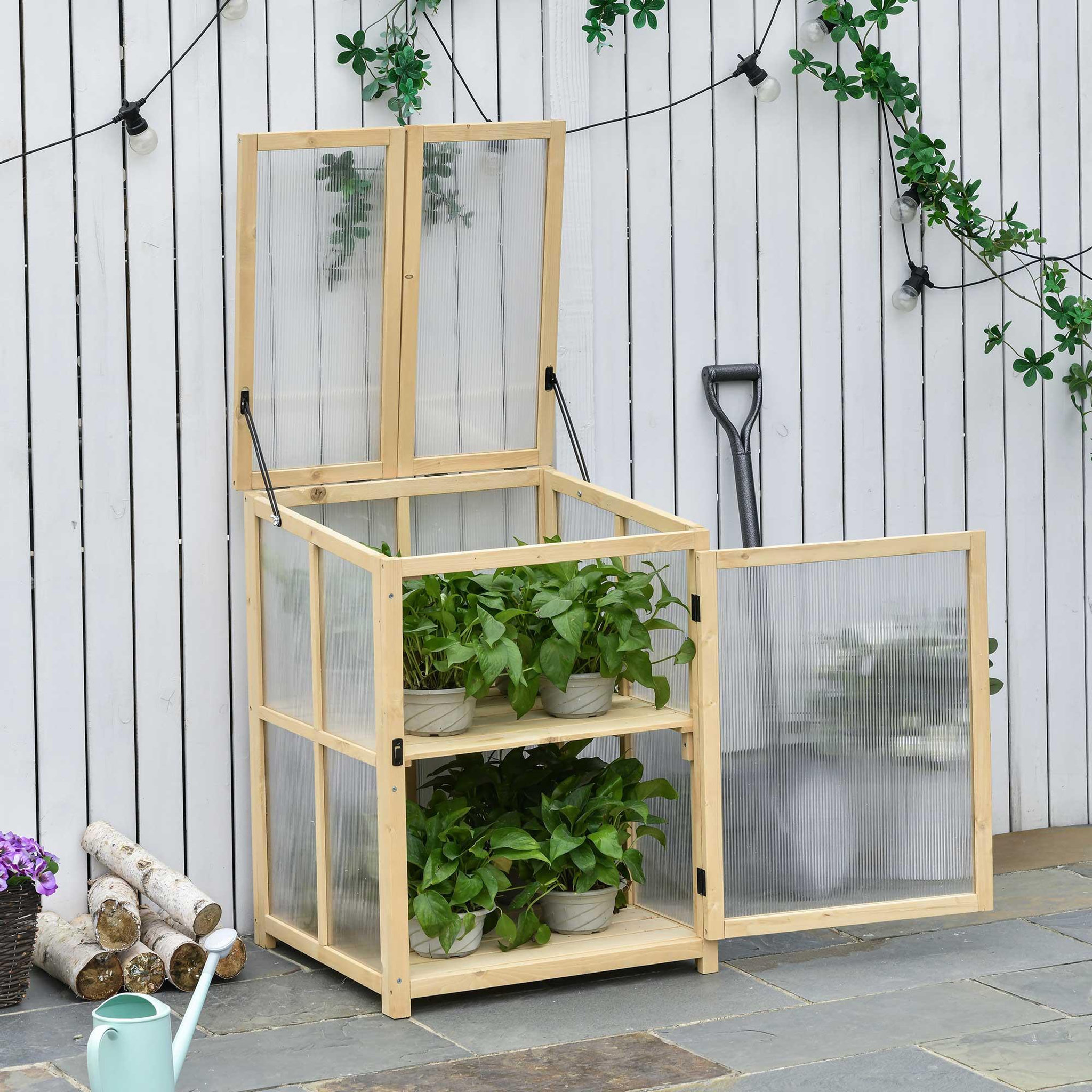 Voir la diapositive 4 : OUTSUNNY Mini serre de jardin 2 niveaux dim. 62L x 63l x 82H cm porte et panneau toit ouvrant bois sapin traité polycarbonate