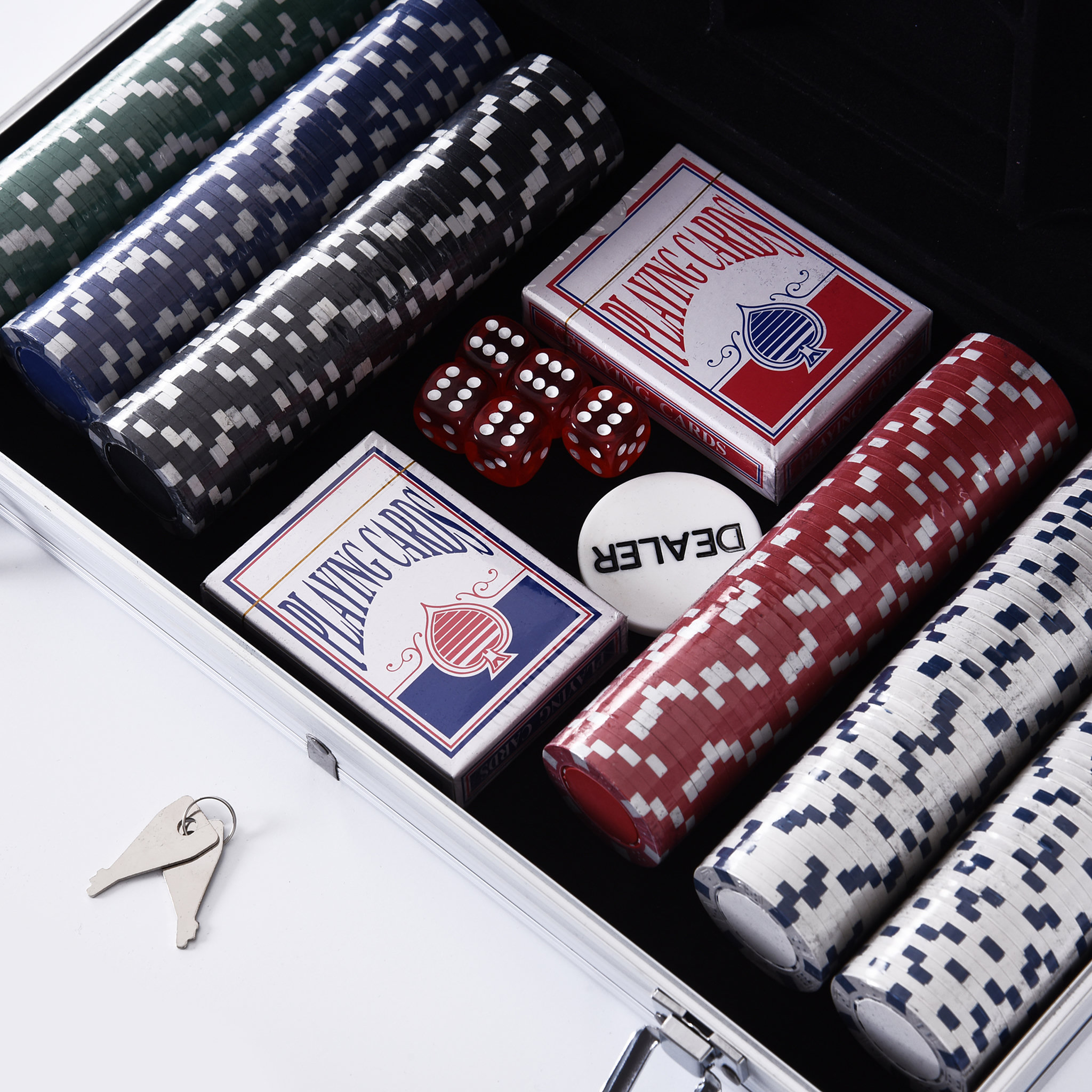 Voir la diapositive 6 : HOMCOM Mallette pro de poker coffret pro poker 38L x 21l x 6,5H cm 300 jetons 2 jeux de cartes + 2 clés aluminium