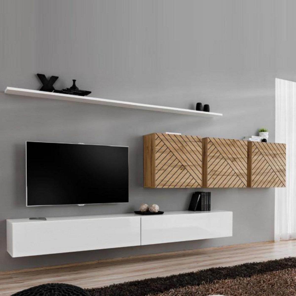 Paris Prix Ensemble Meuble TV  Switch Lamel VII  340cm Blanc & Naturel