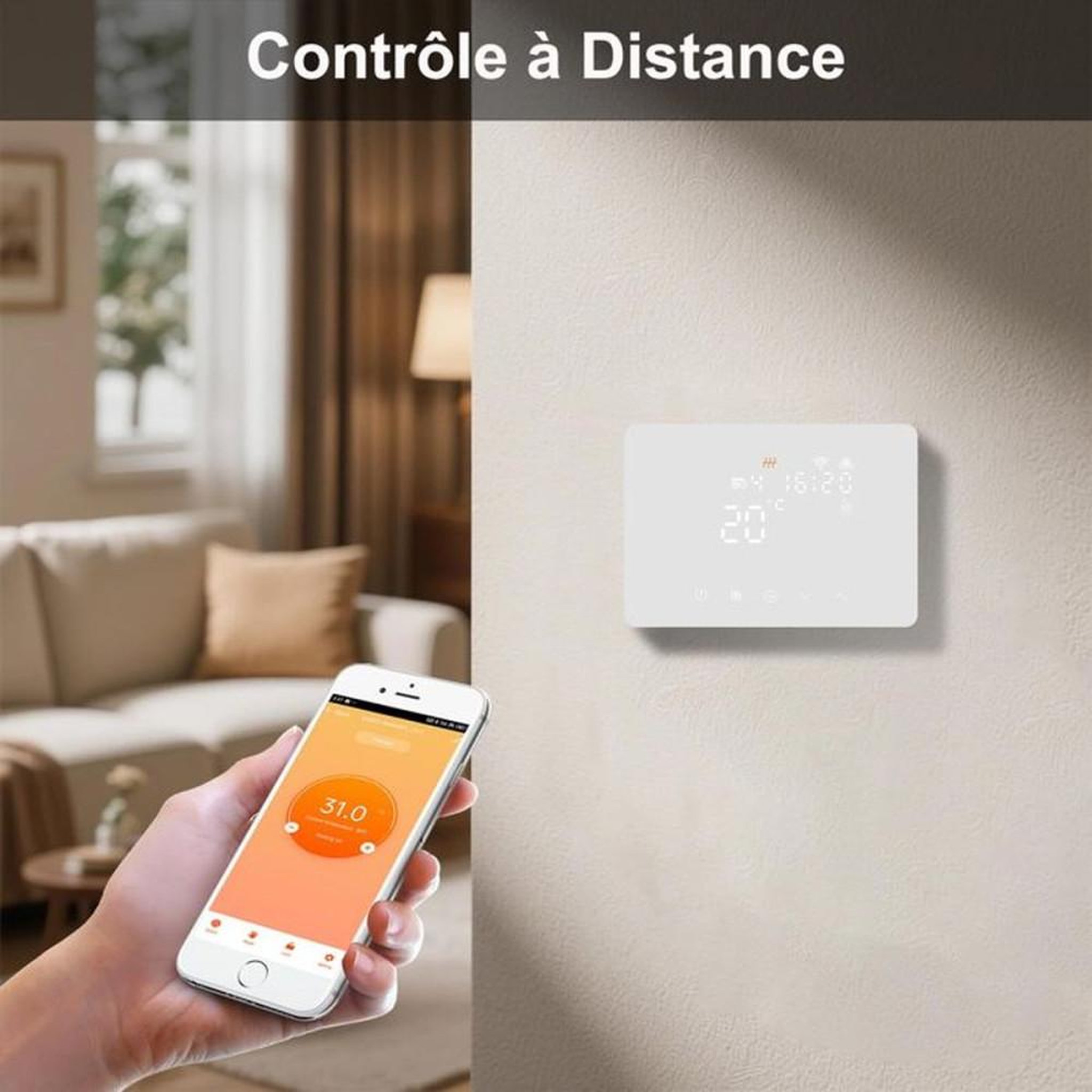 Voir la diapositive 6 : Thermostat WiFi chaudière avec contact sec NO/COM 5A, 2,4 GHz, pilotage Smart Life/Tuya et commande vocale Alexa/Google, programmation hebdomadaire