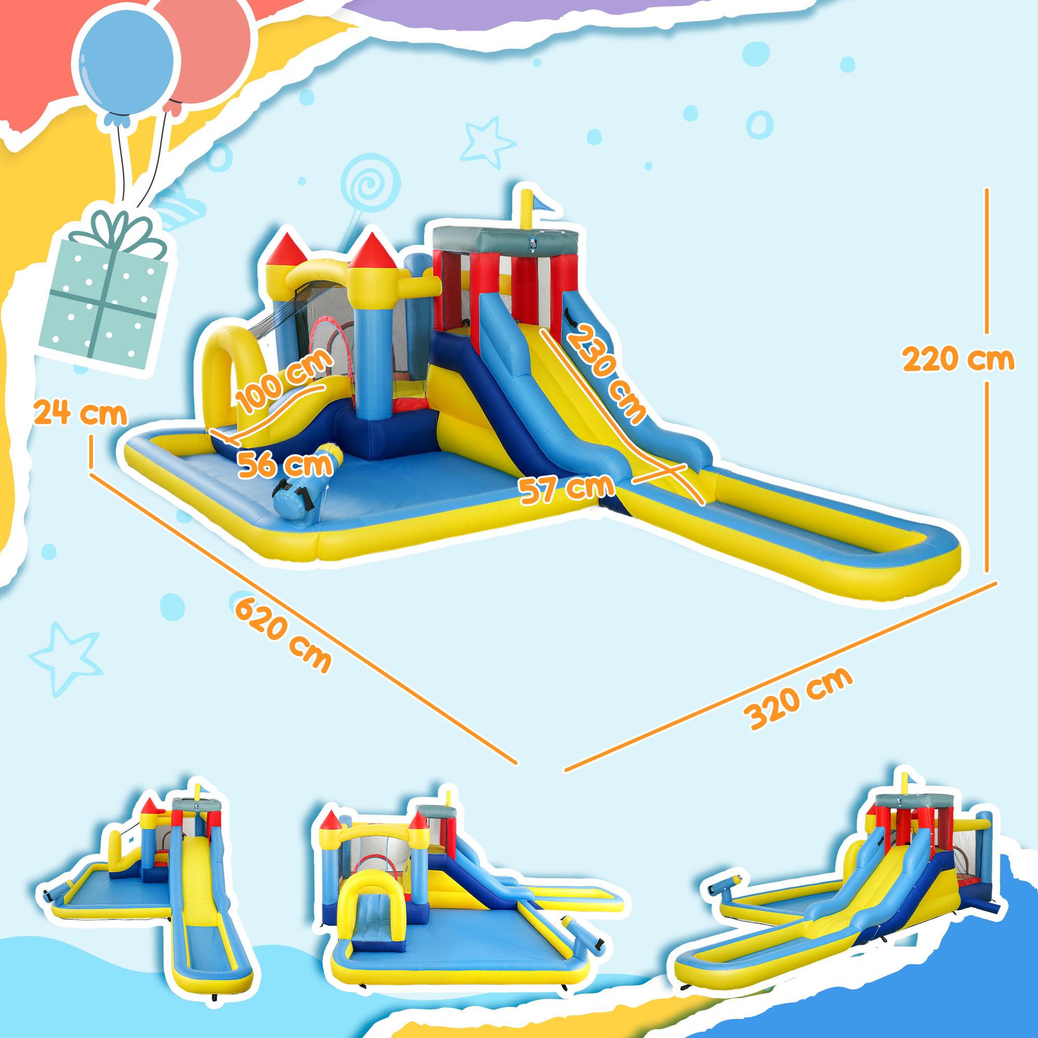 Voir la diapositive 2 : HOMCOM Château gonflable enfant 6 en 1 - toboggan, trampoline, panier basket-ball, piscine, mur, pistolet - nombreux accesoires