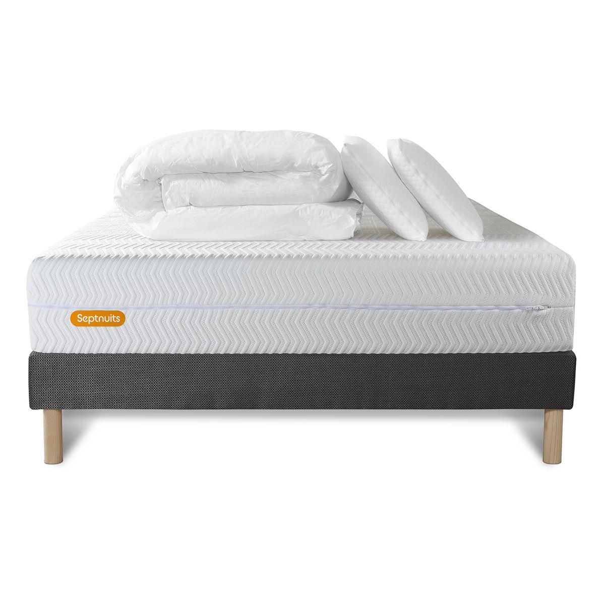 SEPTNUITS PACK Matelas + sommier gris Memo Bio  Mousse à mémoire de forme 5 zones de confort Maxi épaisseur + Couette + 2 oreiller
