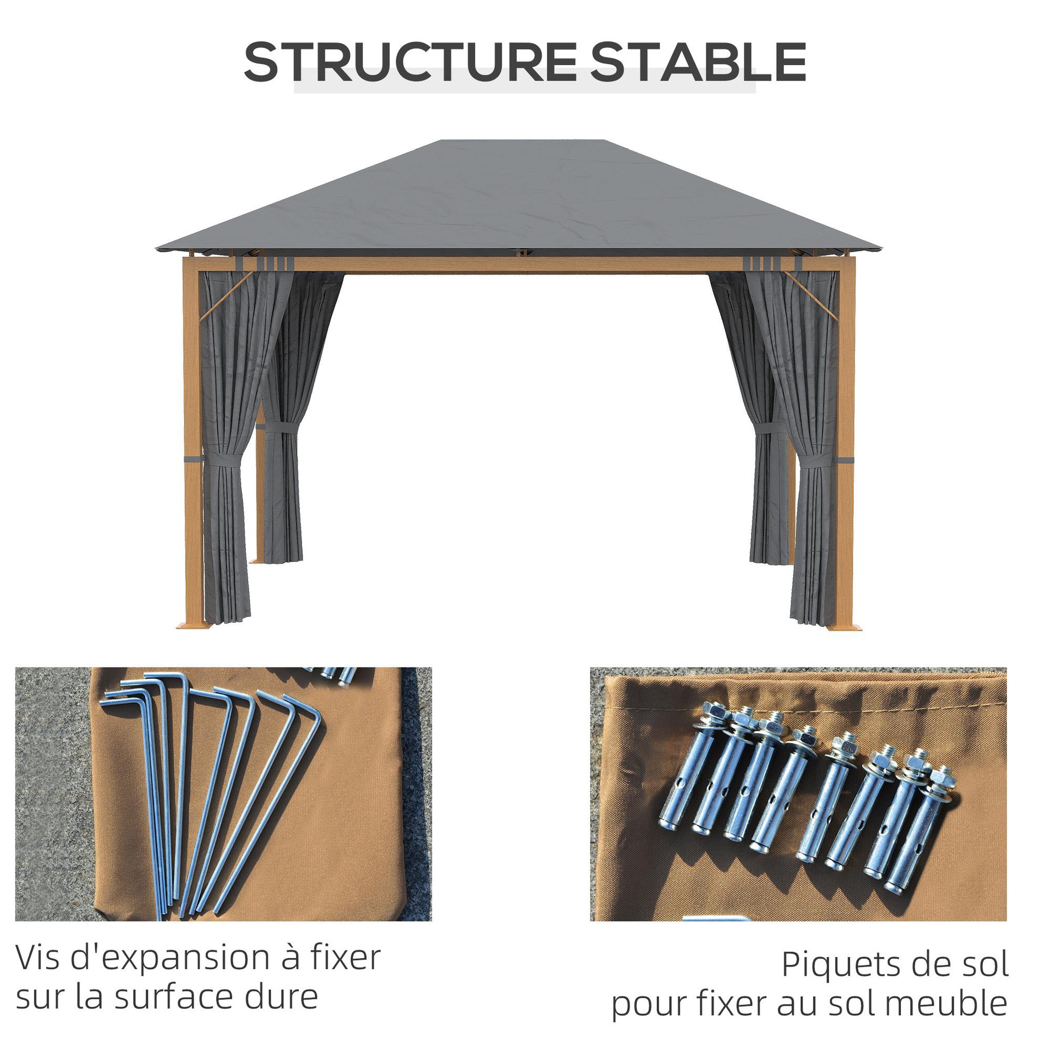 Voir la diapositive 6 : OUTSUNNY Pavillon de jardin style contemporain - barnum avec rideaux - dim. 3,97L x 2,97l x 2,8H m - alu. aspect bois polyester gris