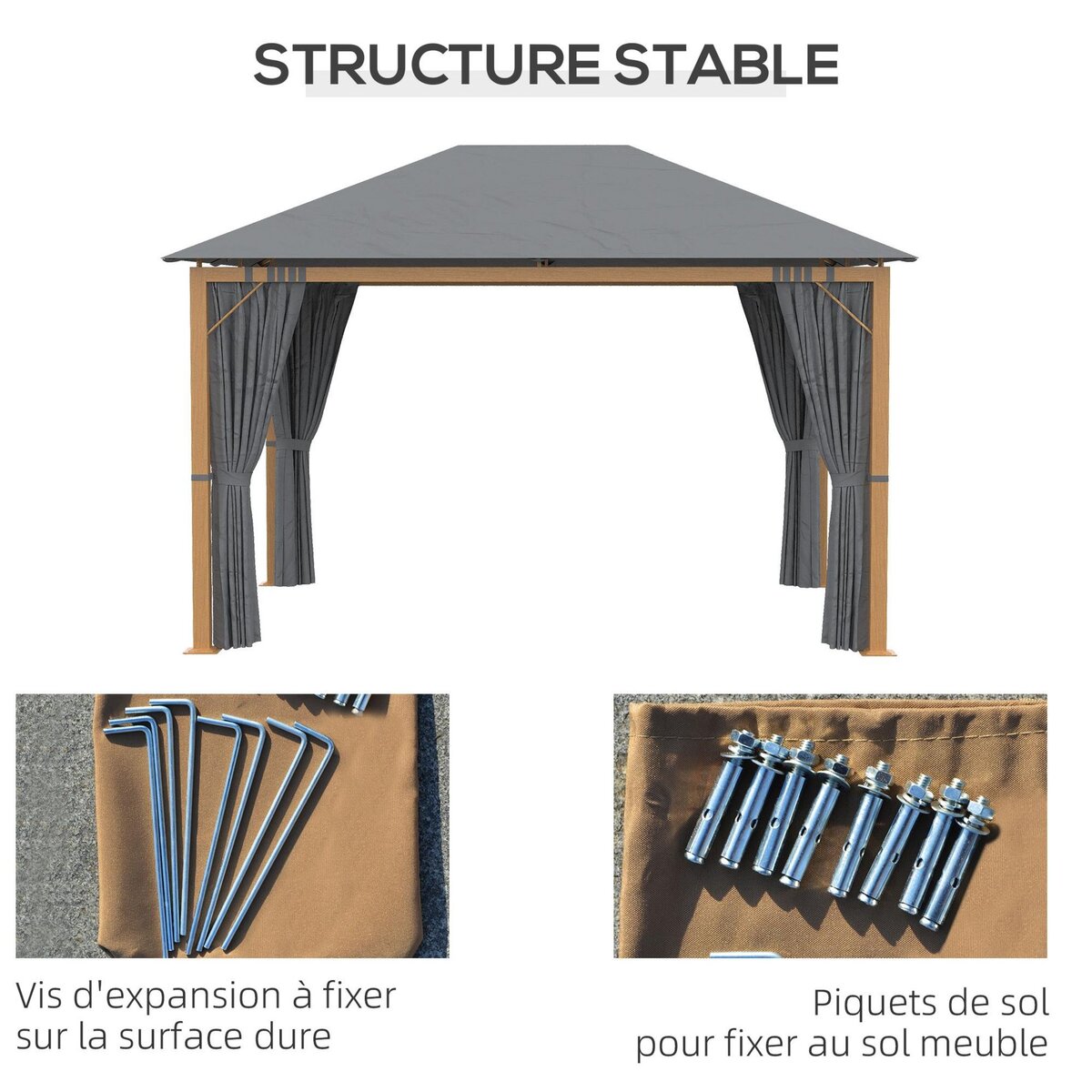 OUTSUNNY Pavillon de jardin style contemporain - barnum avec rideaux - dim. 3,97L x 2,97l x 2,8H m - alu. aspect bois polyester gris