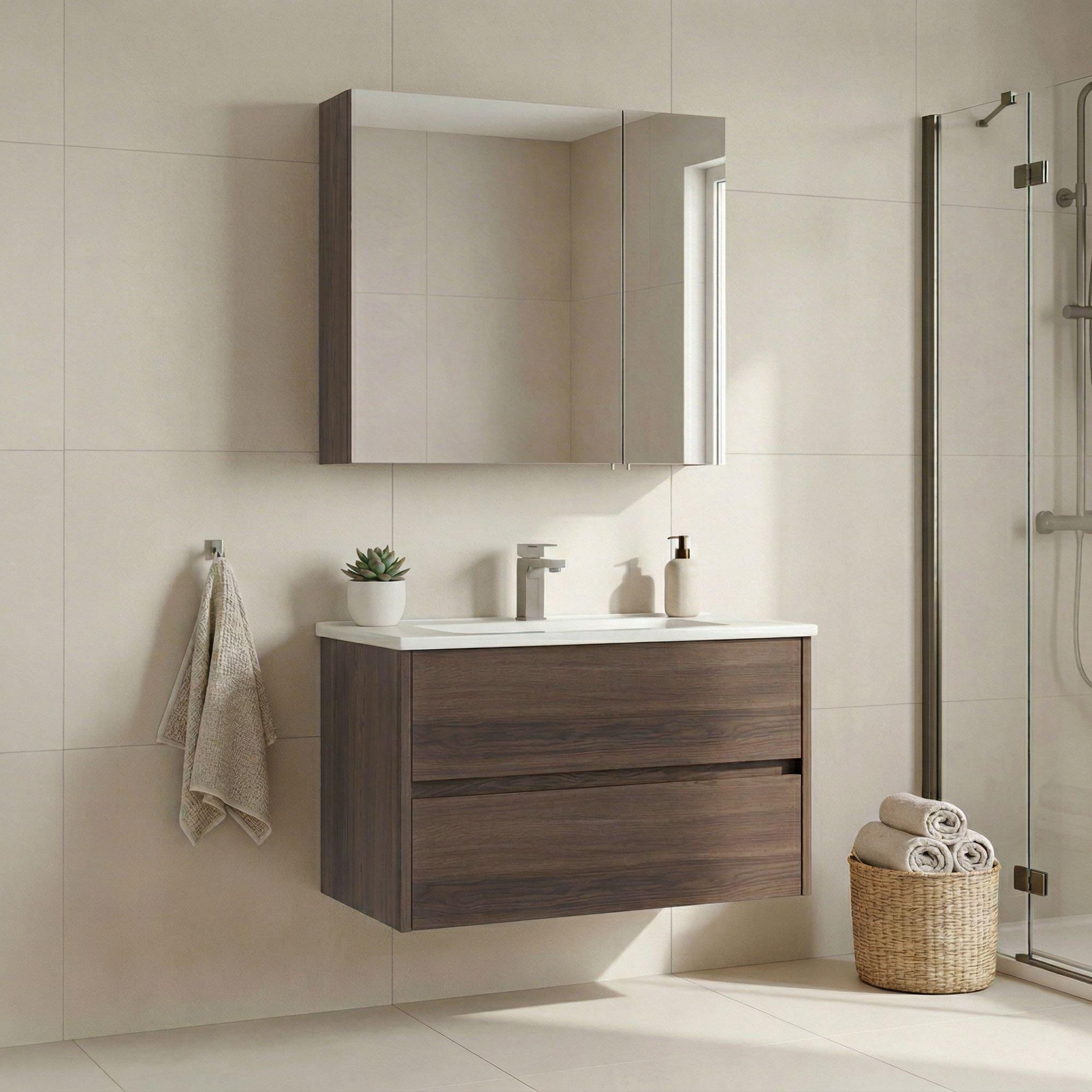 Voir la diapositive 2 : Habitat et Jardin Meuble avec simple vasque et miroir  Side 85 v2  - 85 x 45 x 52 cm - Walnut