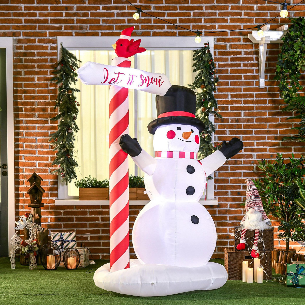 OUTSUNNY Bonhomme de neige gonflable avec pancarte 3 LED, décoration gonflable de Noël pour l'extérieur et l'intérieur, hauteur 213 cm, polyester imperméable, blanc